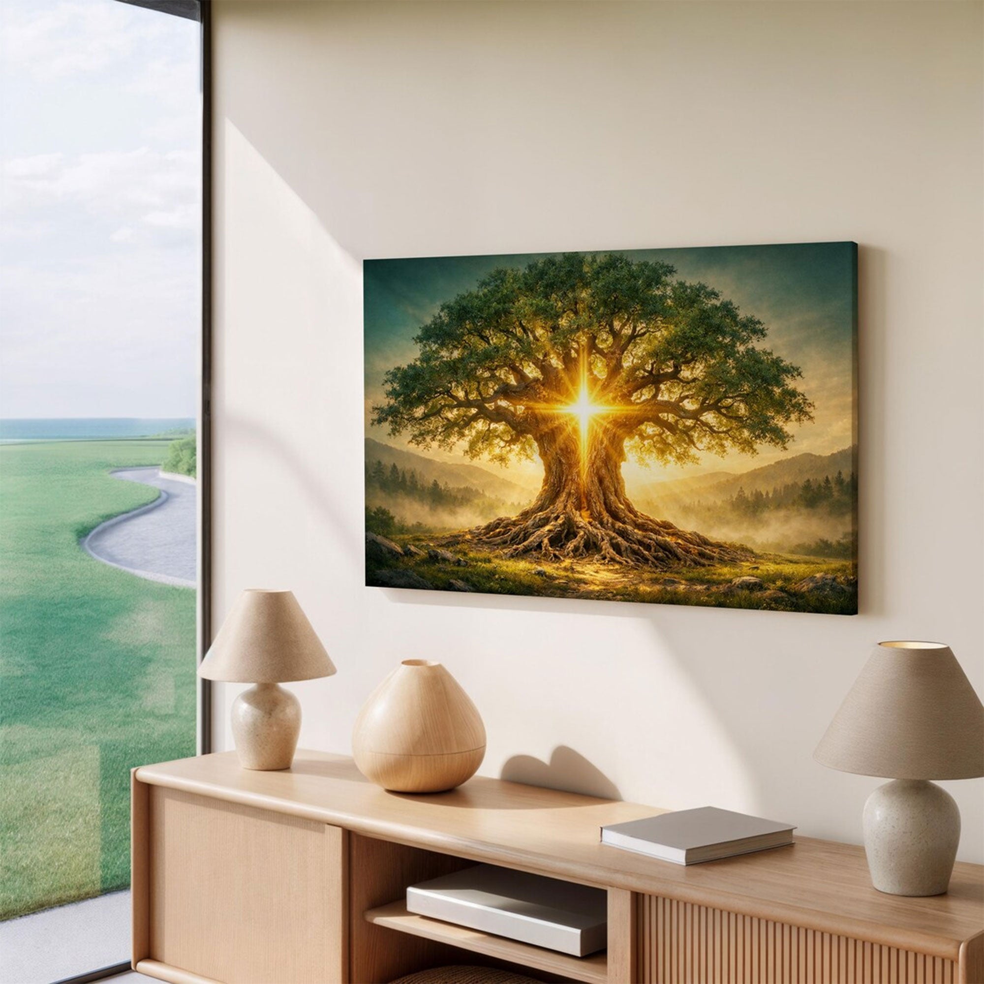 Tree of Life Cross Light Canvas Wall Art, Christian Faith Symbol, Nature Scene Spiritual Home Decor