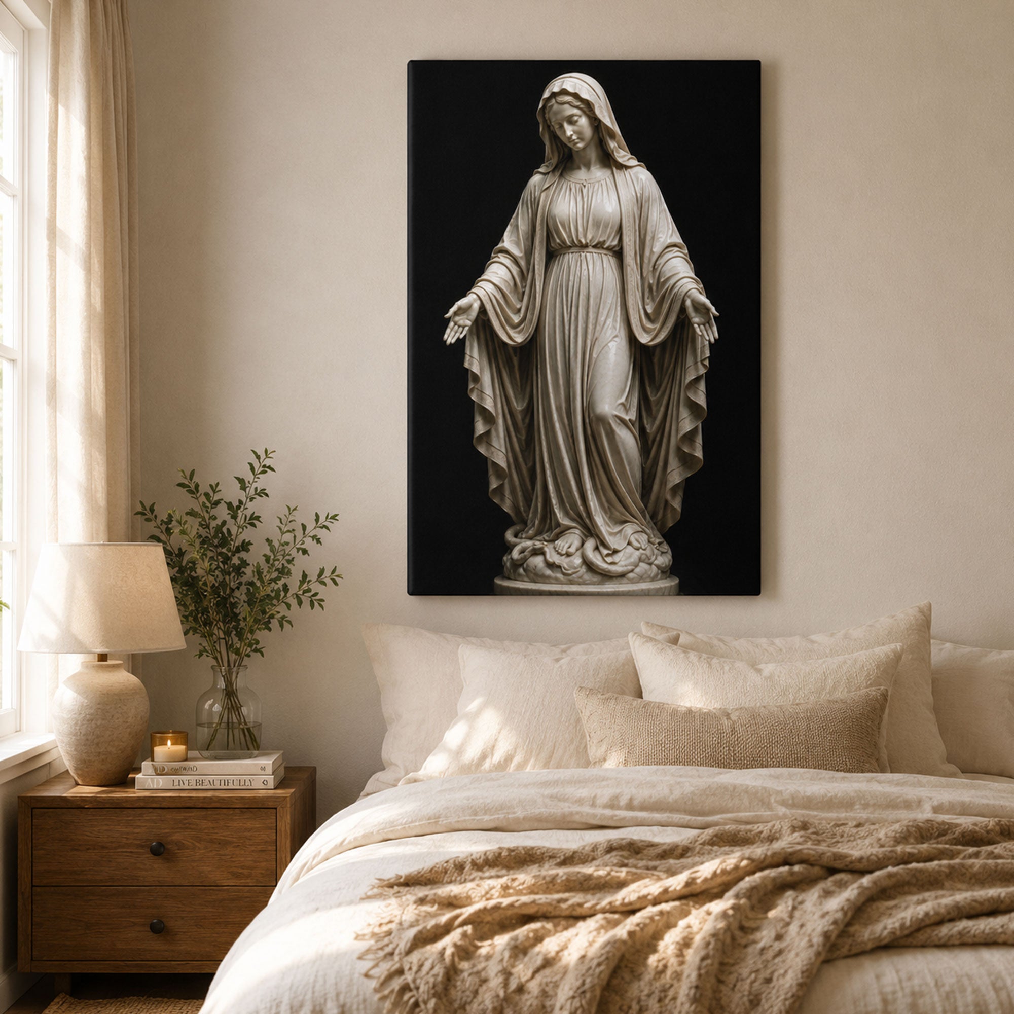 Virgin Mary Statue Canvas Print, Catholic Marian Wall Art, Faith Home Decor Gift