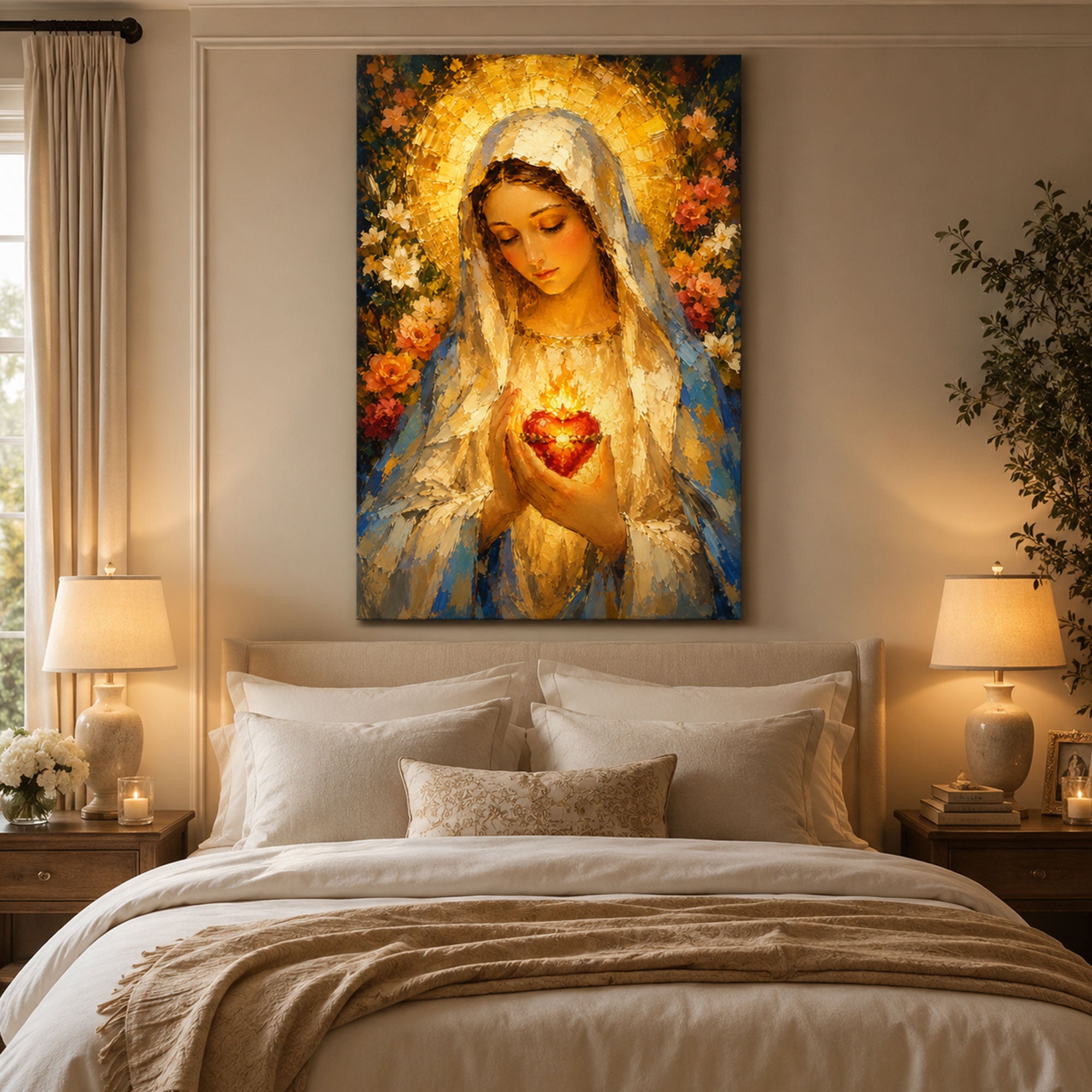 Immaculate Heart of Mary Canvas Print, Blessed Virgin Mary Wall Art, Catholic Sacred Heart Decor, Floral Religious Home Decor