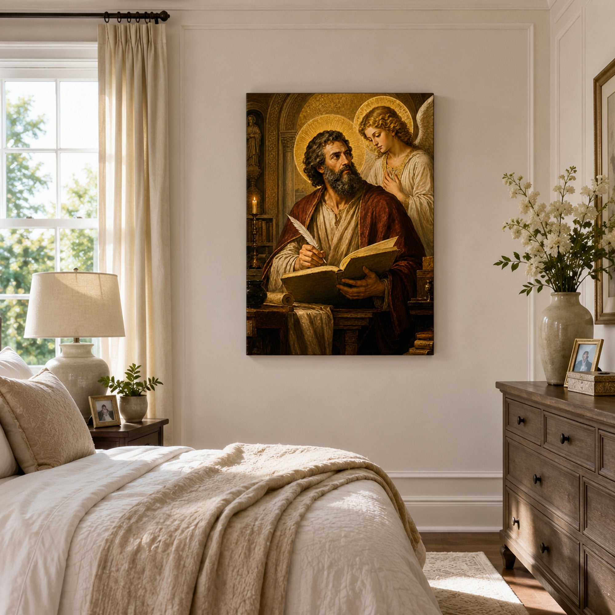 Saint Matthew with Angel Canvas Print, Catholic Gospel Art