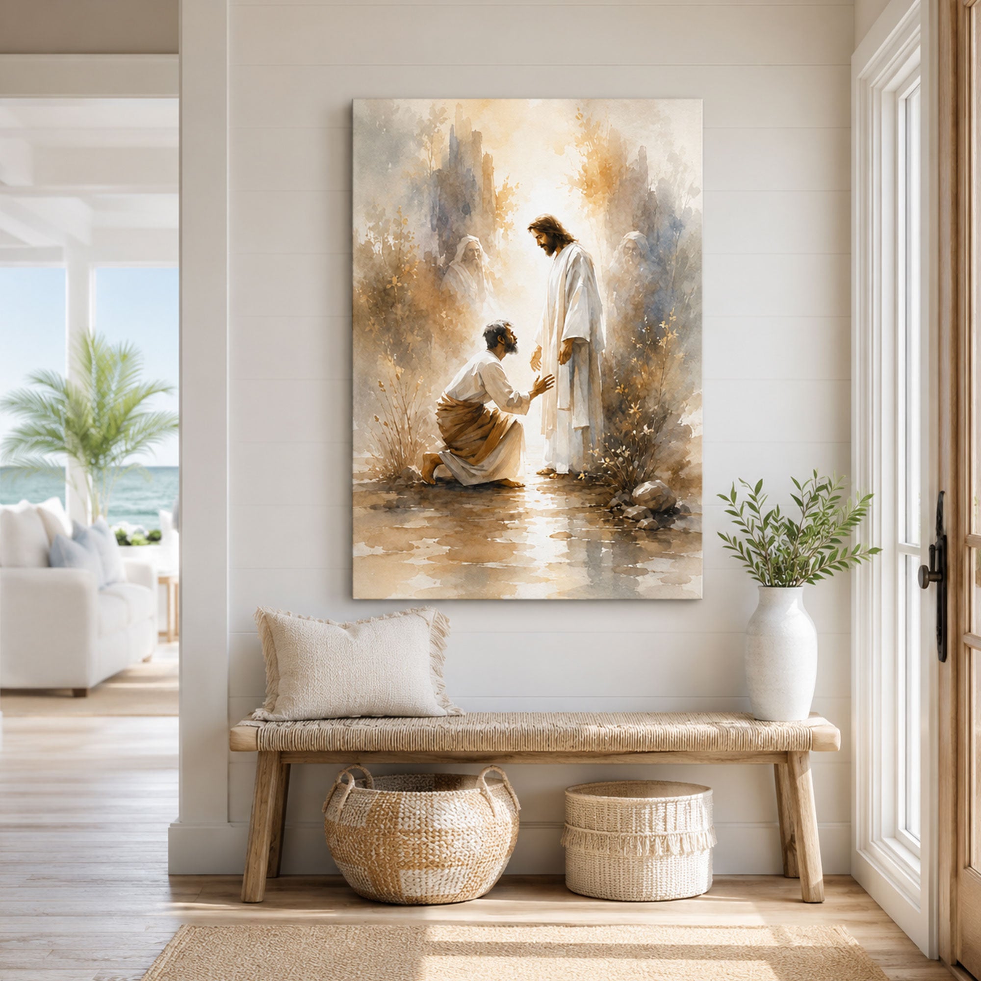 Jesus Healing the Kneeling Man Canvas Print, Christian Mercy Wall Art, Faith Home Decor Gift