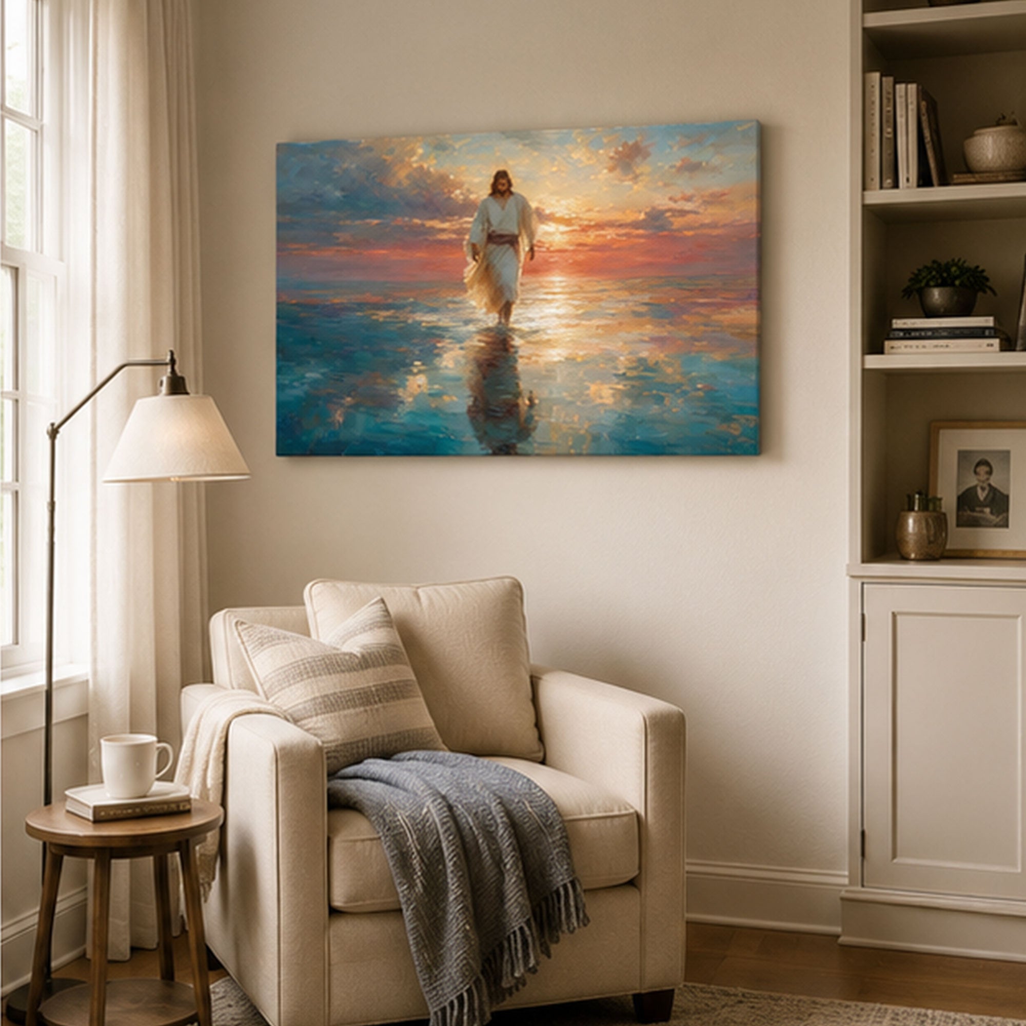 Jesus Walking on Water at Sunset Canvas Print, Christian Home Decor