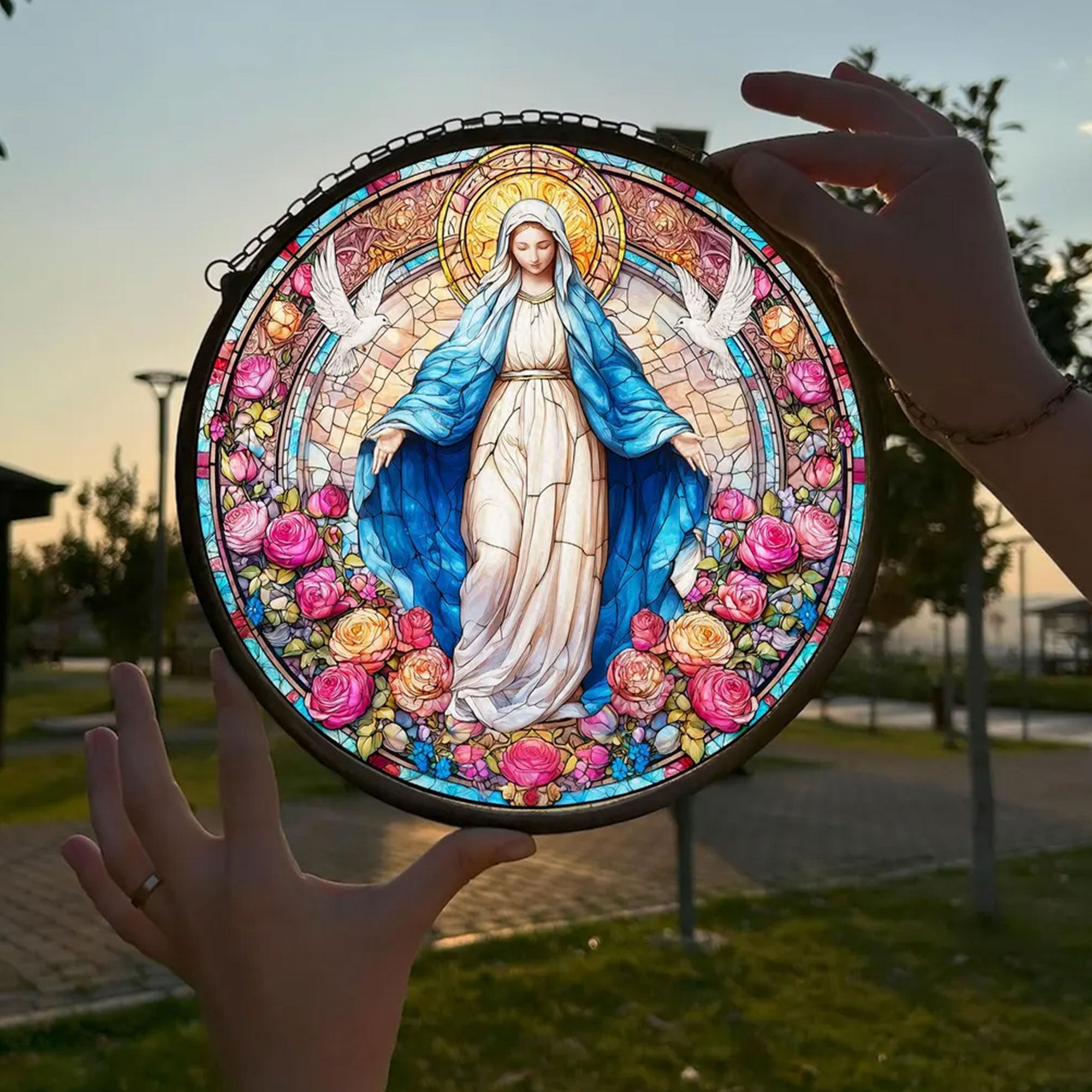 Our Lady of Grace Stained Glass Suncatcher, Virgin Mary Window Hanging, Catholic Religious Gift