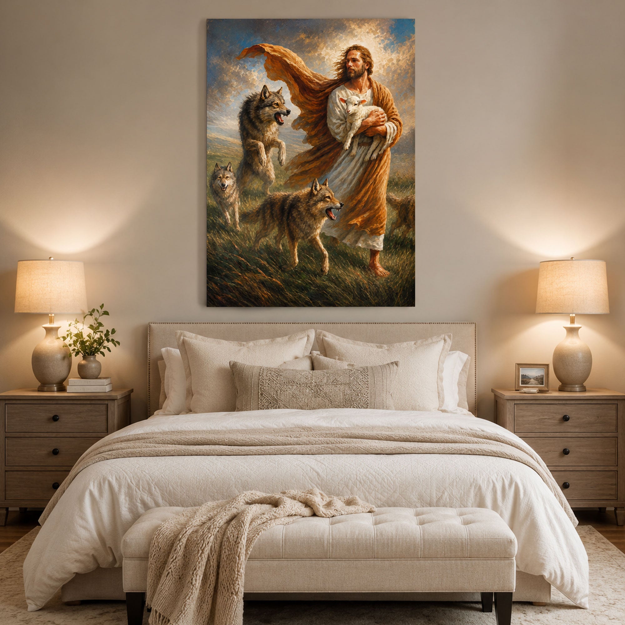 Jesus Protecting the Lamb Canvas Print, Good Shepherd Christian Wall Art, Faith Home Decor Gift