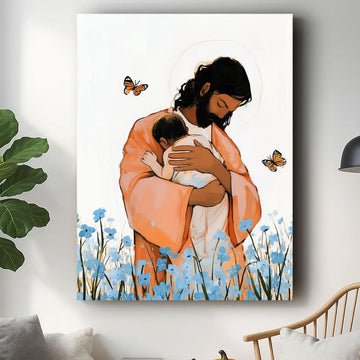 Jesus Holding Child Canvas Wall Art, Heavenly Embrace Painting, Christian Comfort Decor, Faith Inspired Nursery Artwork, Spiritual Gift