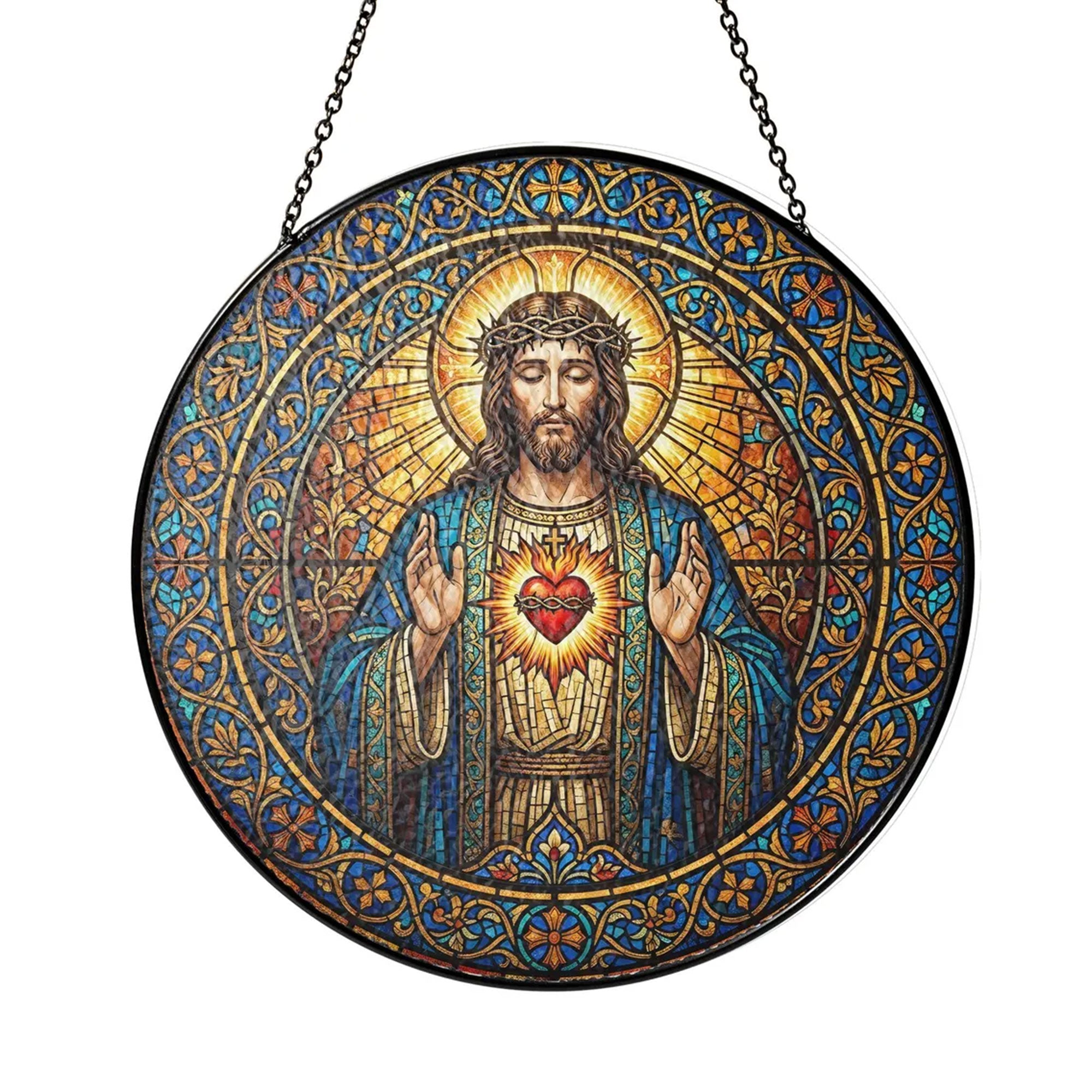 Sacred Heart of Jesus Stained Glass Suncatcher, Christian Window Hanging Decor, Catholic Religious Faith Gift