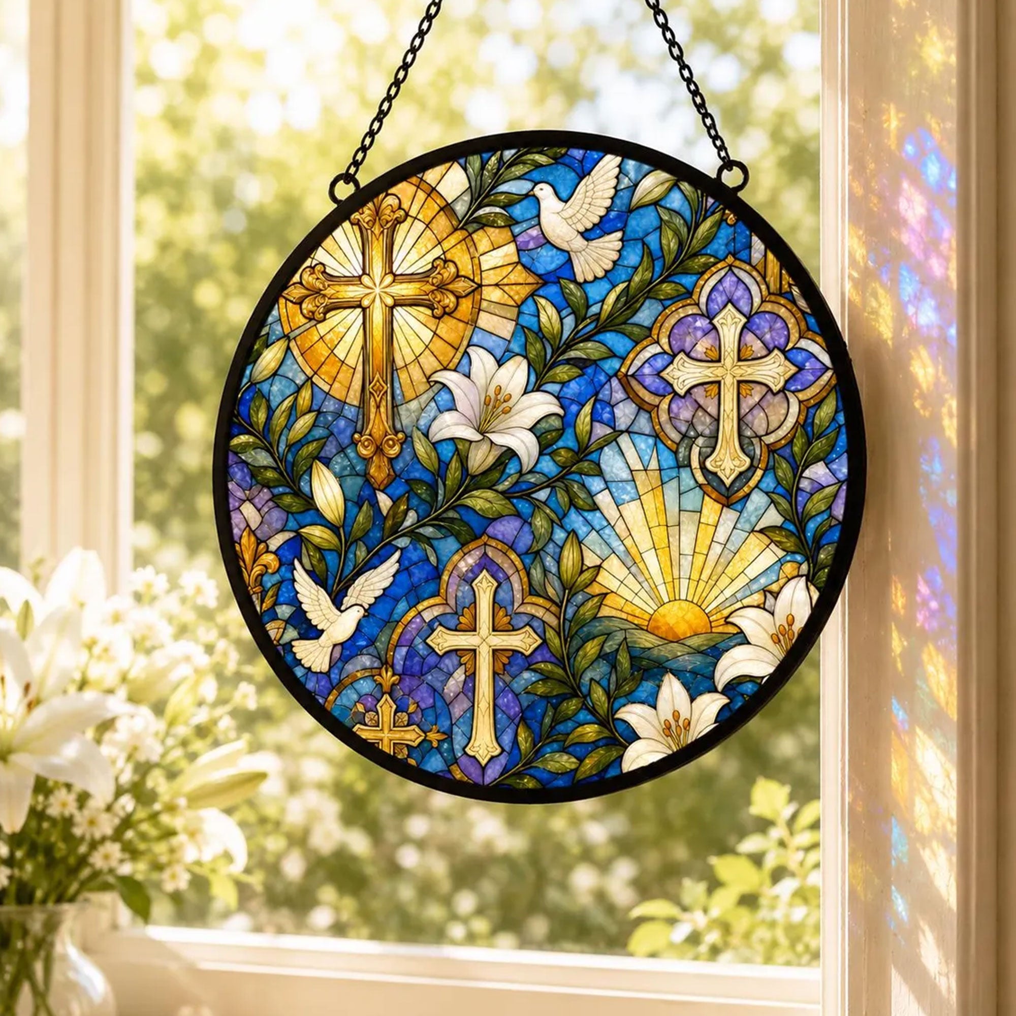 Christian Cross Stained Glass Suncatcher, Lily and Dove Window Hanging, Religious Gift for Mom
