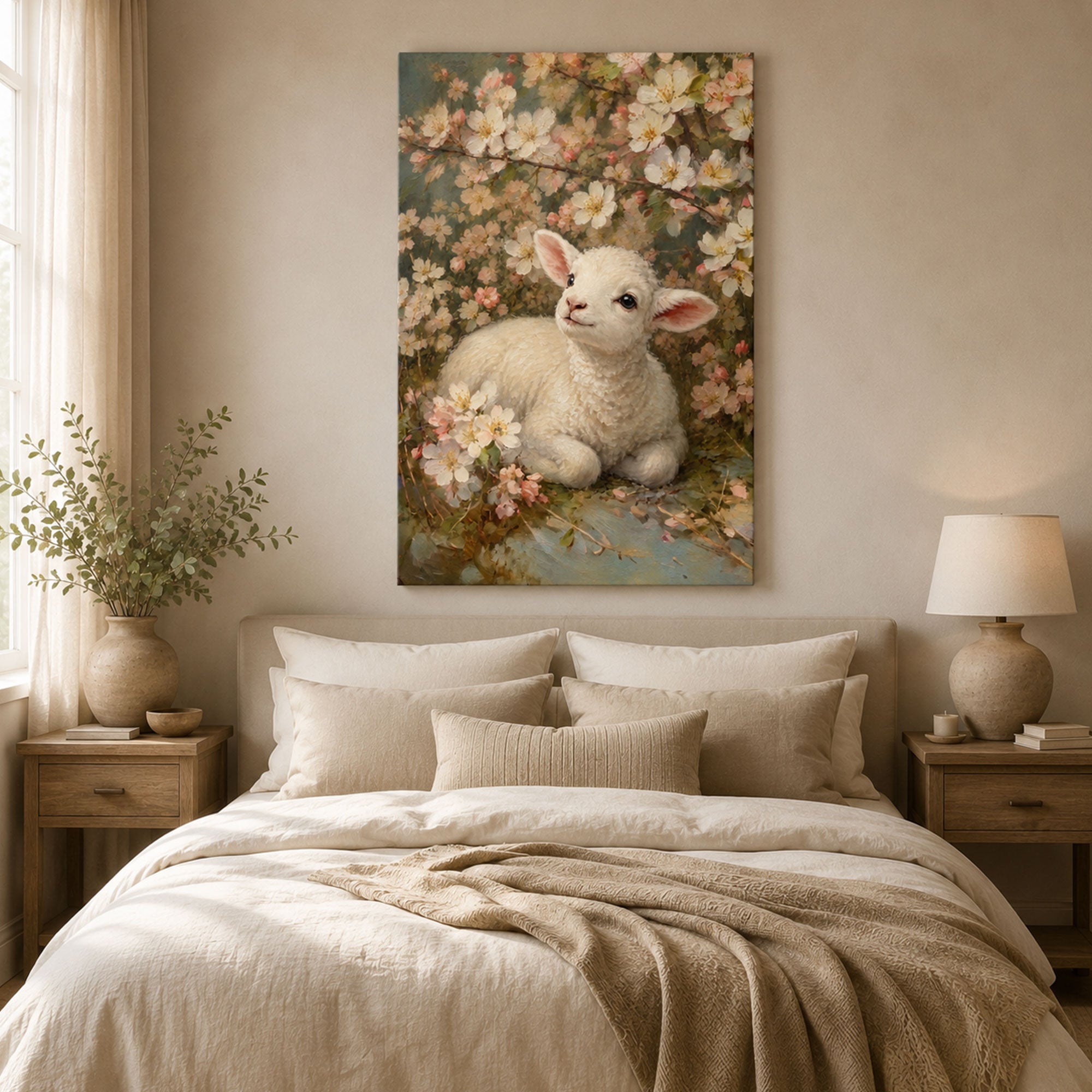 Lamb of God Canvas Print, Floral Christian Wall Art, Peaceful Faith Home Decor