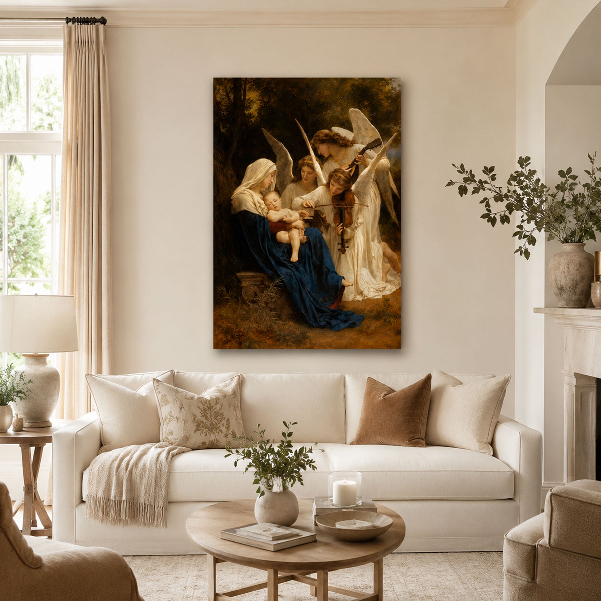 Virgin Mary and Child Jesus with Angels Canvas Print, Catholic Wall Decor, Marian Faith Gift