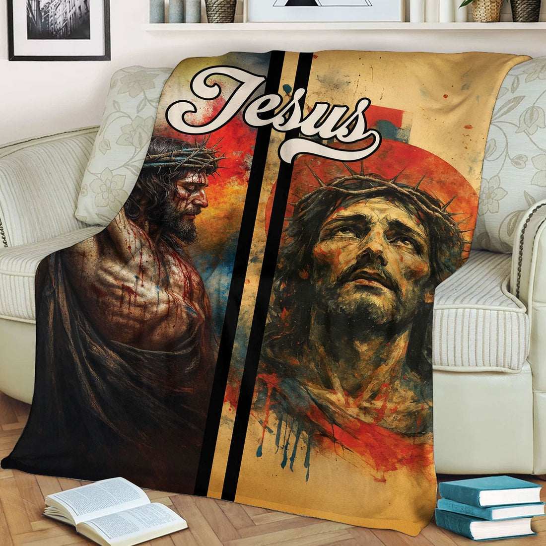 Vintage Watercolor Jesus Fleece Blanket, Salvation Cross Throw, Christian Faith Blanket, Religious Gift, Home Decor
