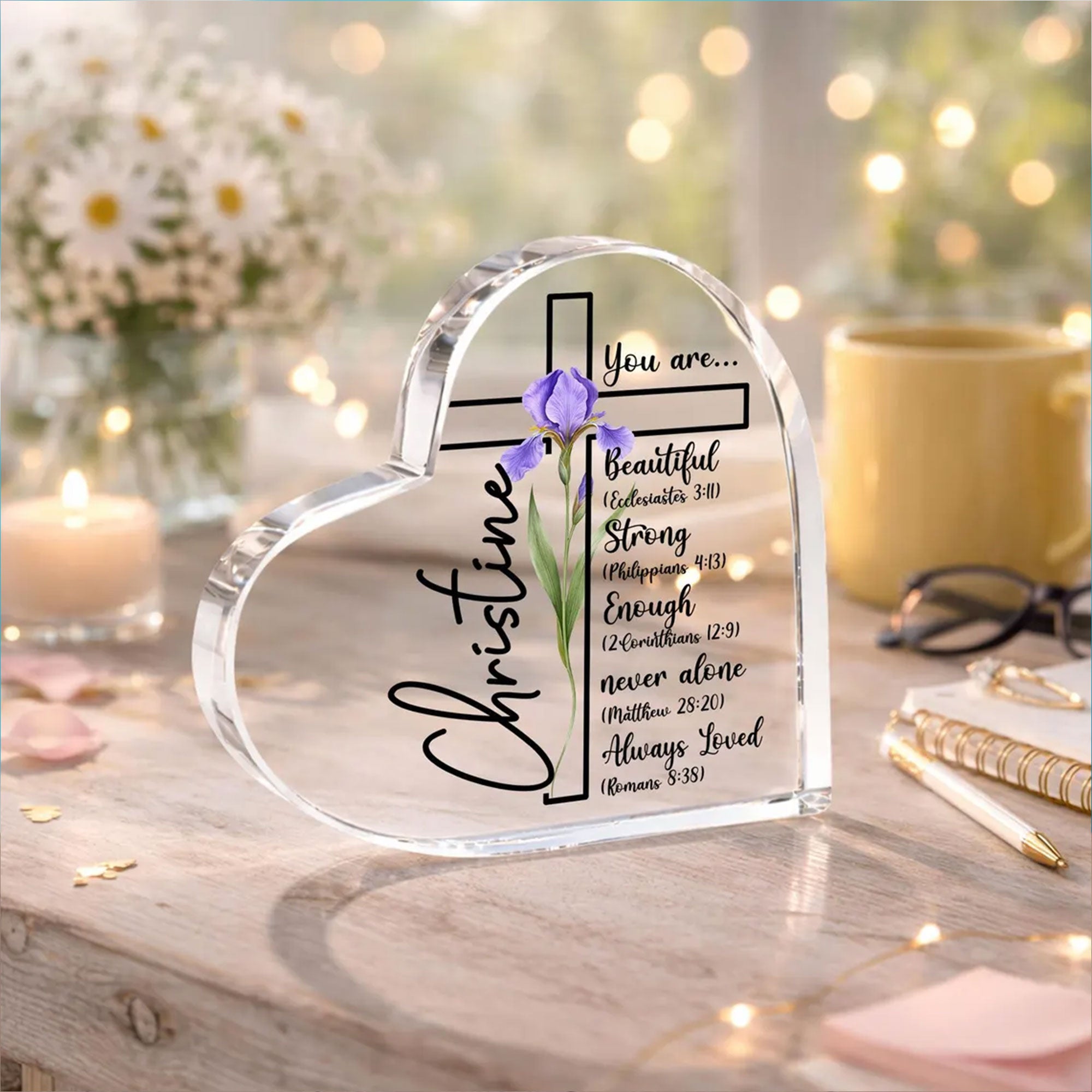 Christian Heart Acrylic Plaque with Cross, Inspirational Bible Verse Gift, 2D Flat Faith Table Decor