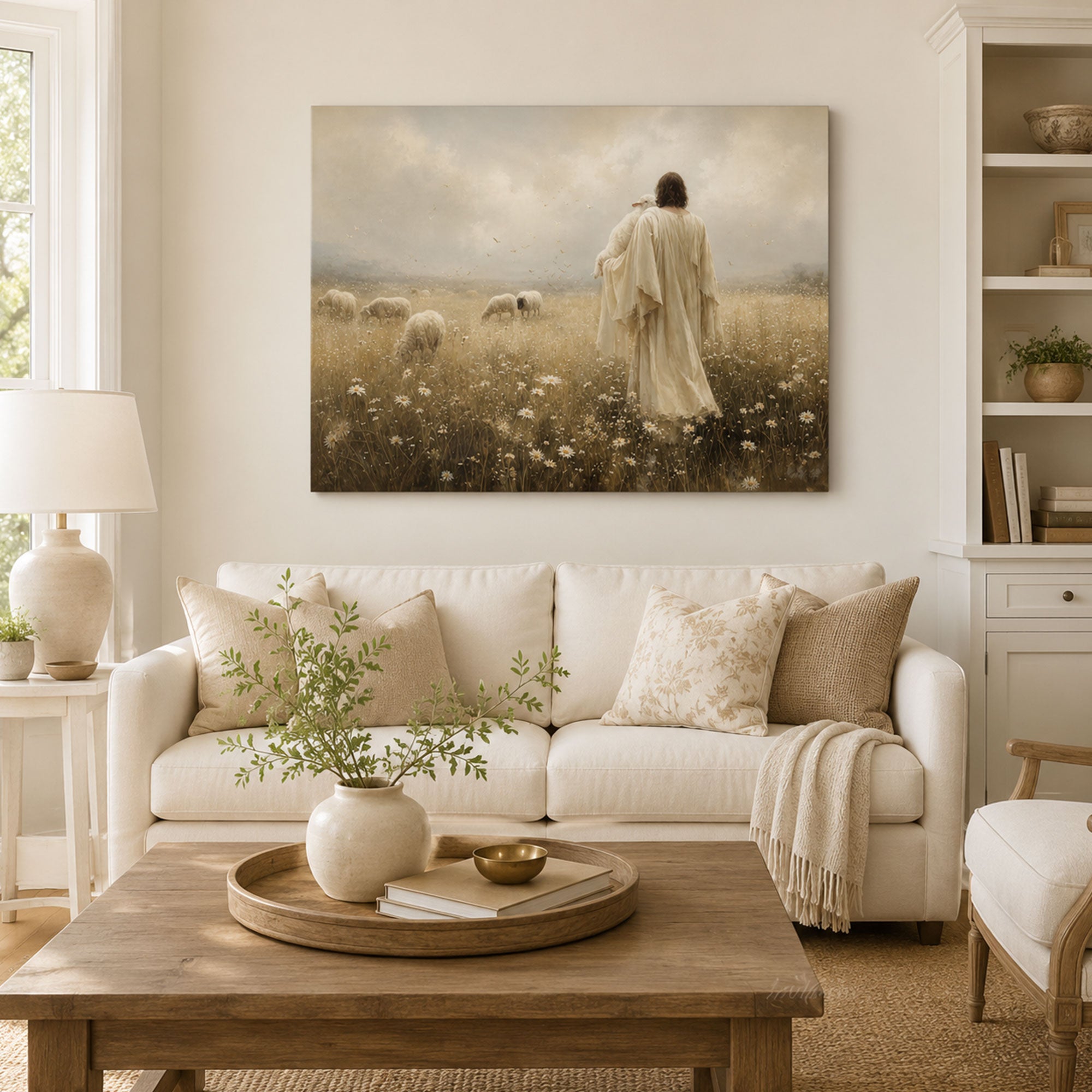 Jesus the Good Shepherd Canvas Print, Lamb and Meadow Christian Wall Art, Peaceful Faith Home Decor Gift