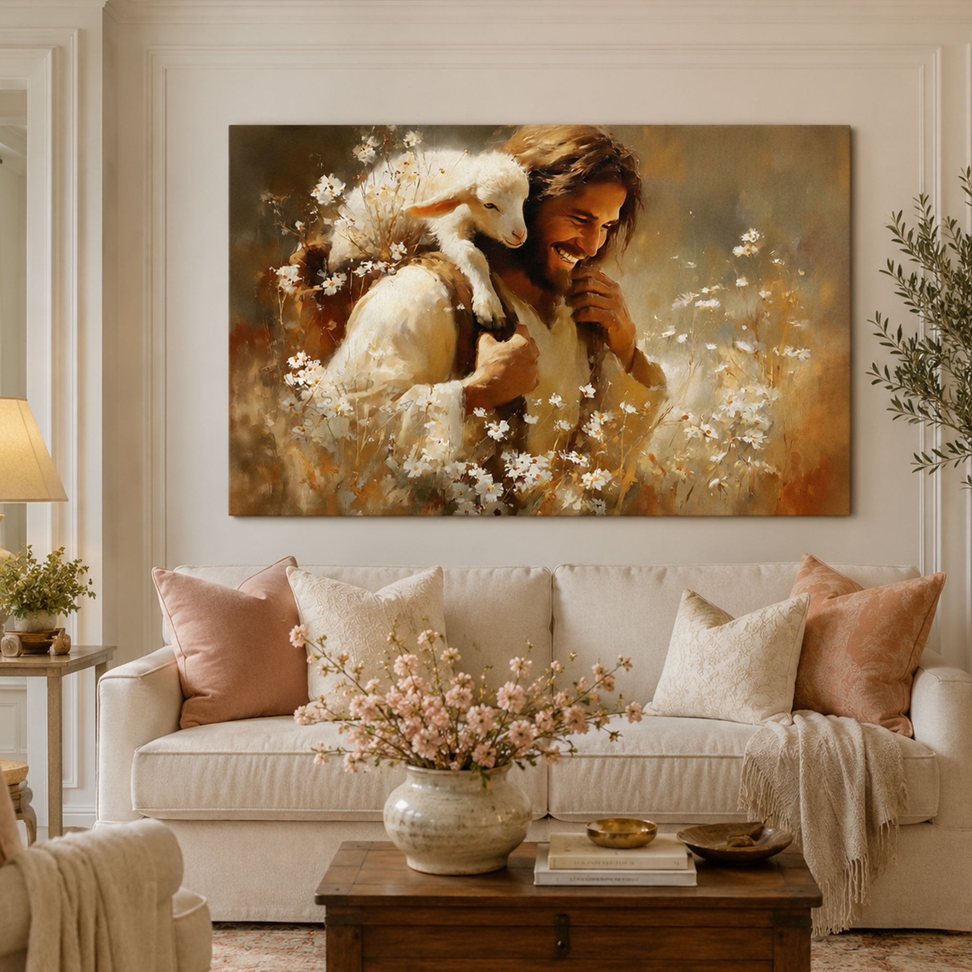 Jesus with Lamb Canvas Print, Good Shepherd Christian Wall Art, Religious Faith Home Decor, Inspirational Gift
