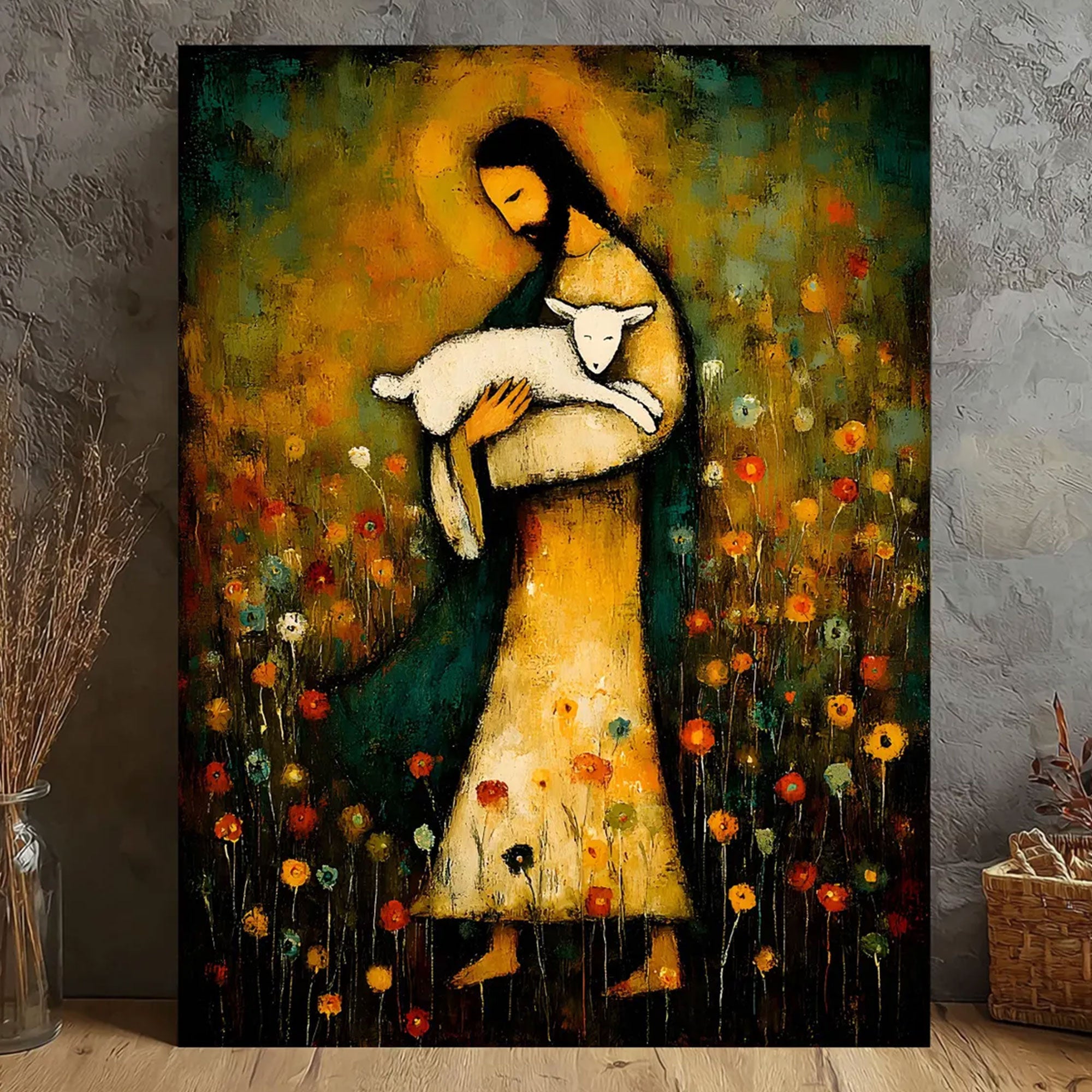 Jesus Holding Lamb Canvas Print, Good Shepherd Wall Art, Folk Art Christian Painting, Religious Home Decor, Inspirational Faith Gift