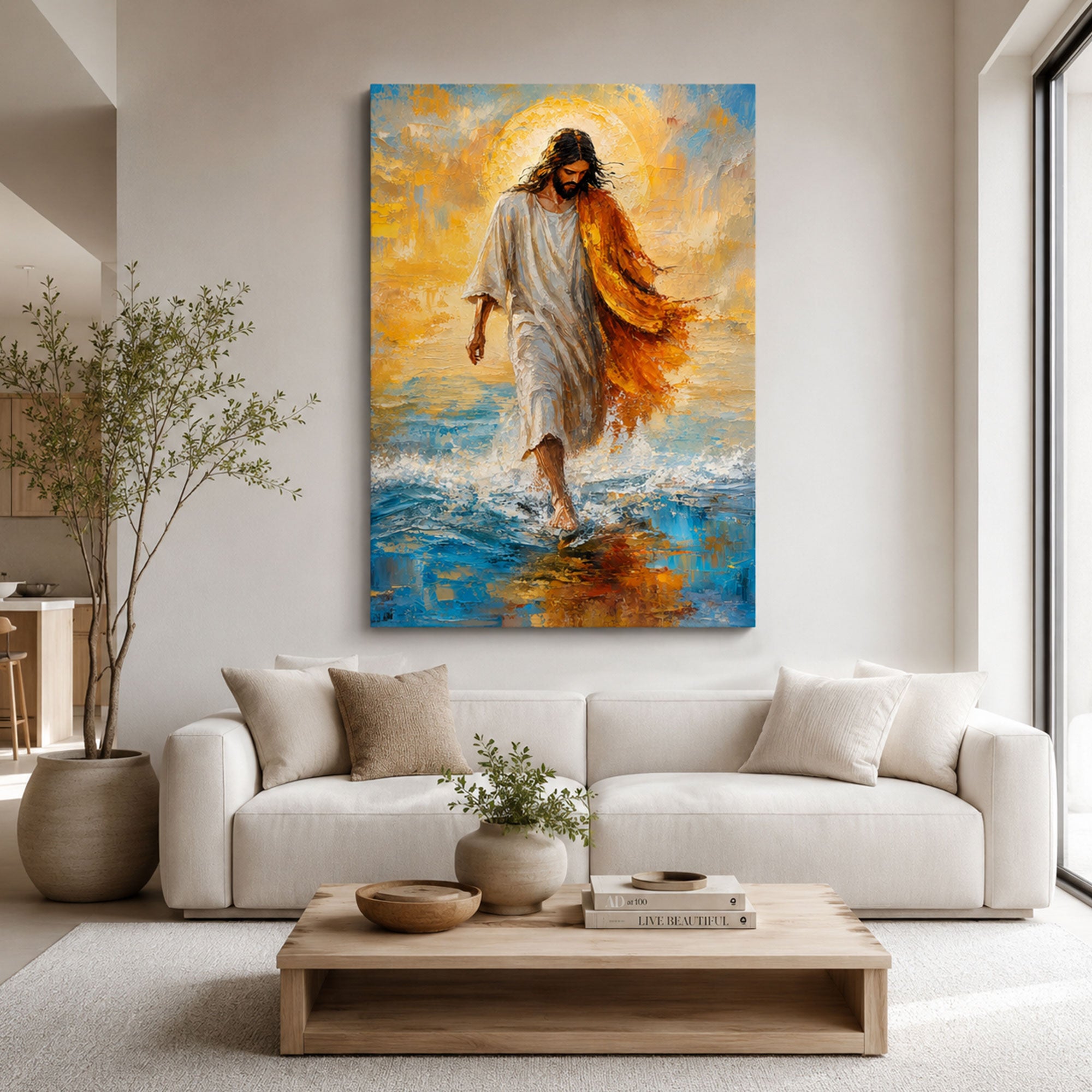 Jesus Walking on Water Canvas Print, Modern Impasto Christian Wall Art, Inspirational Faith Home Decor