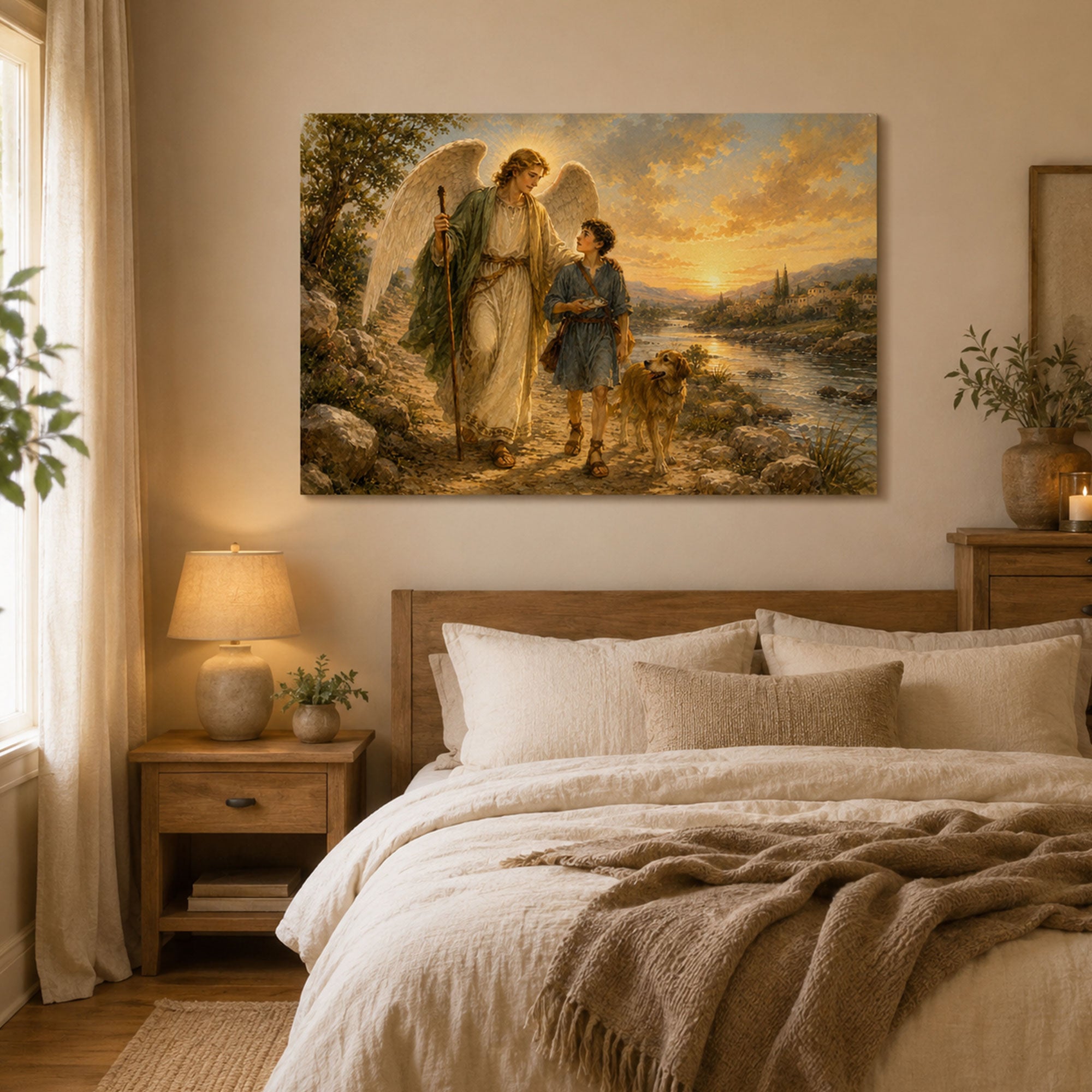 Guardian Angel with Child Canvas Print, Christian Angel Wall Art, Faith Home Decor Gift