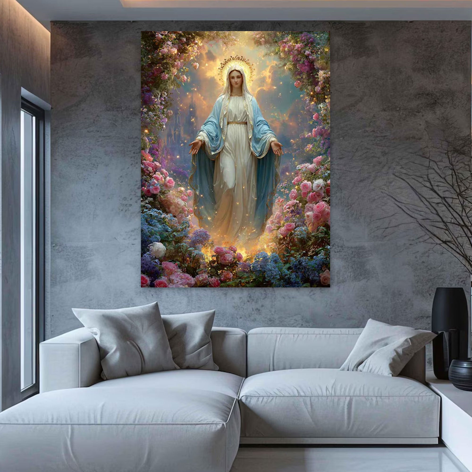 Virgin Mary Floral Canvas Wall Art, Blessed Mother Christian Decor, Catholic Religious Printing