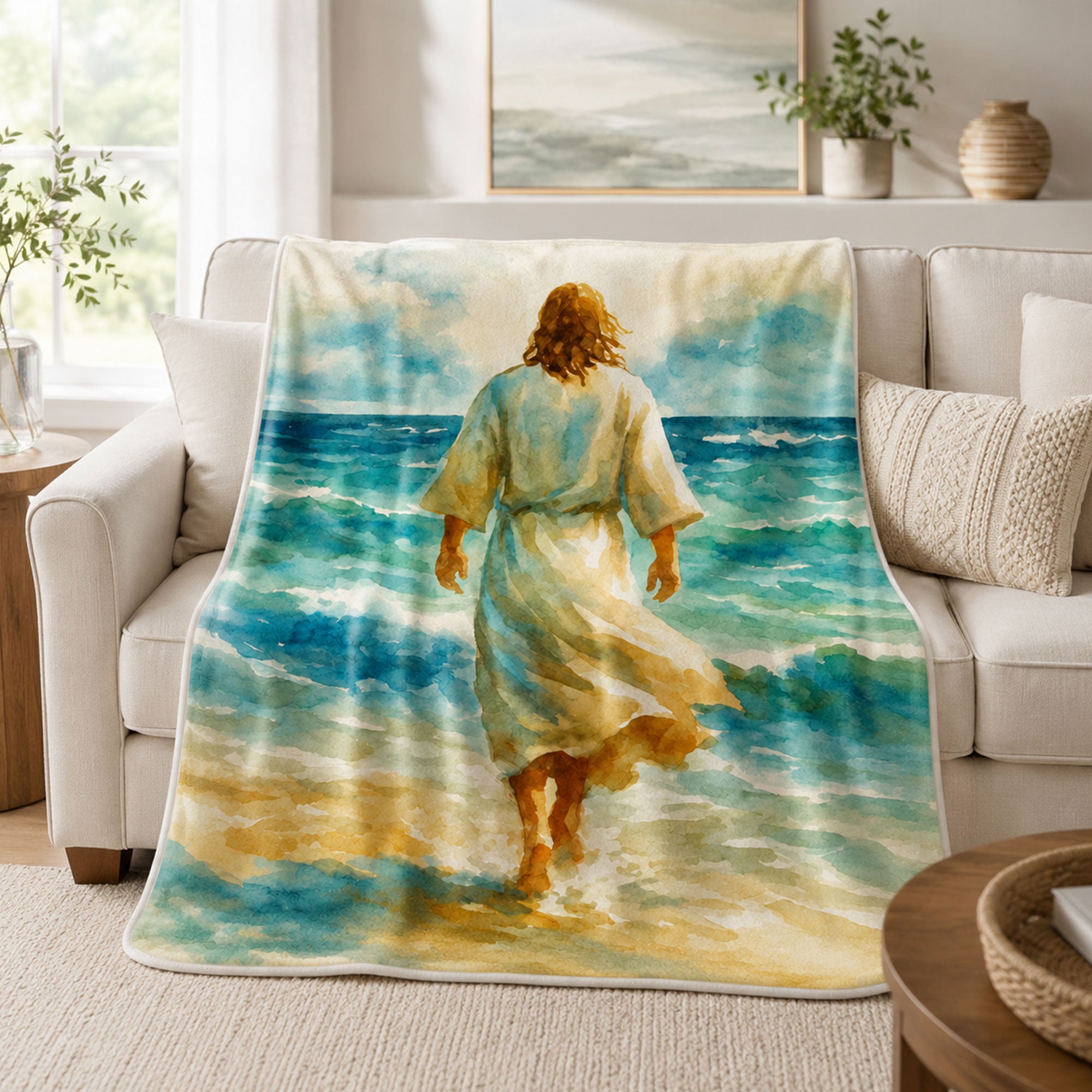 Jesus Walking on Water Fleece Blanket, Christian Faith Throw, Biblical Gift for Believers