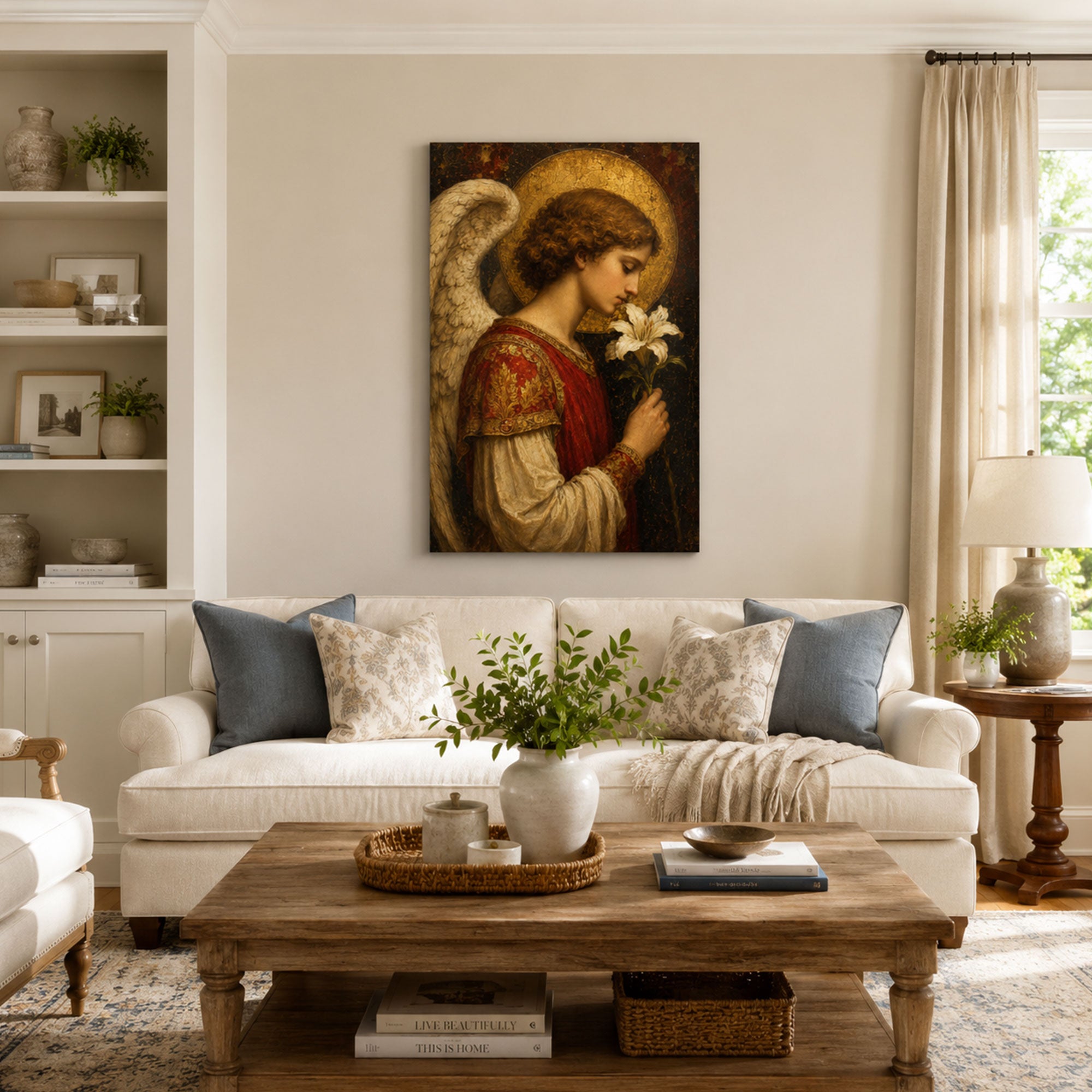 Angel Holding a White Lily Canvas Print, Christian Home Decor