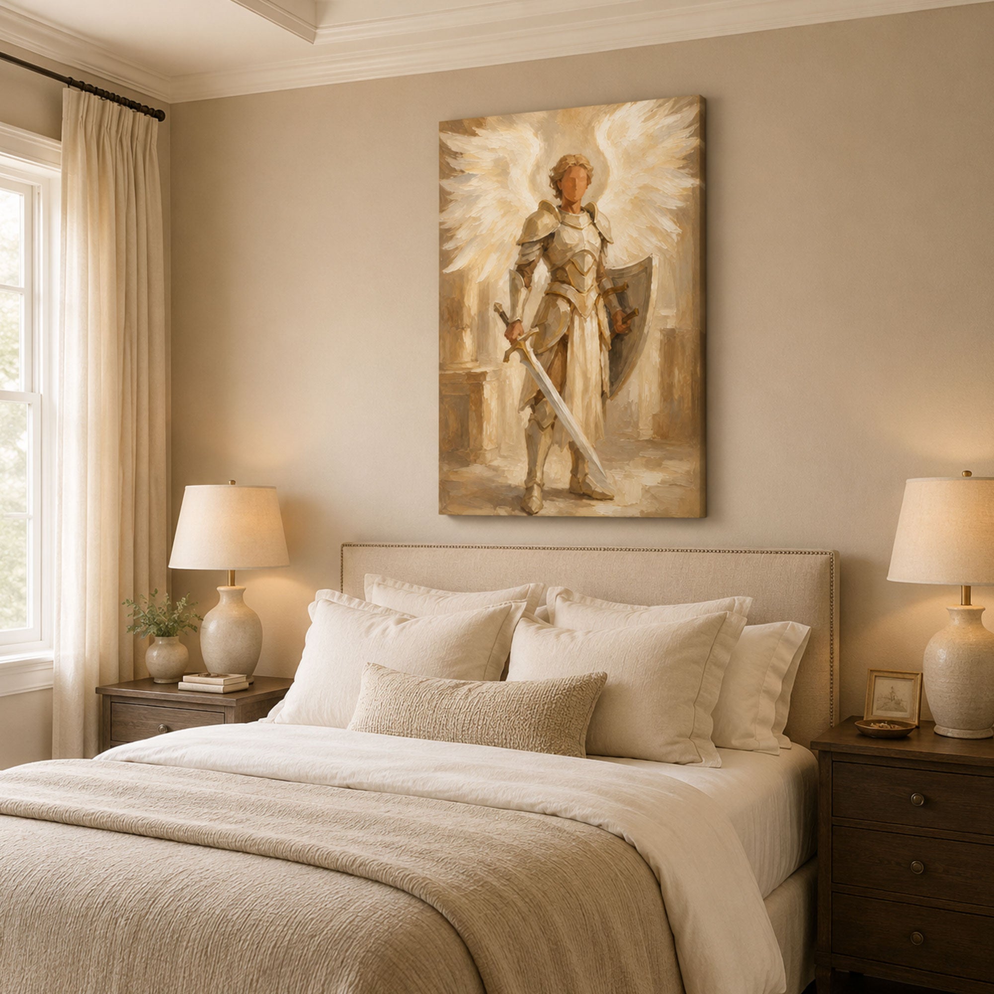 Saint Michael with Shield Canvas Print, Light Neutral Religious Wall Art