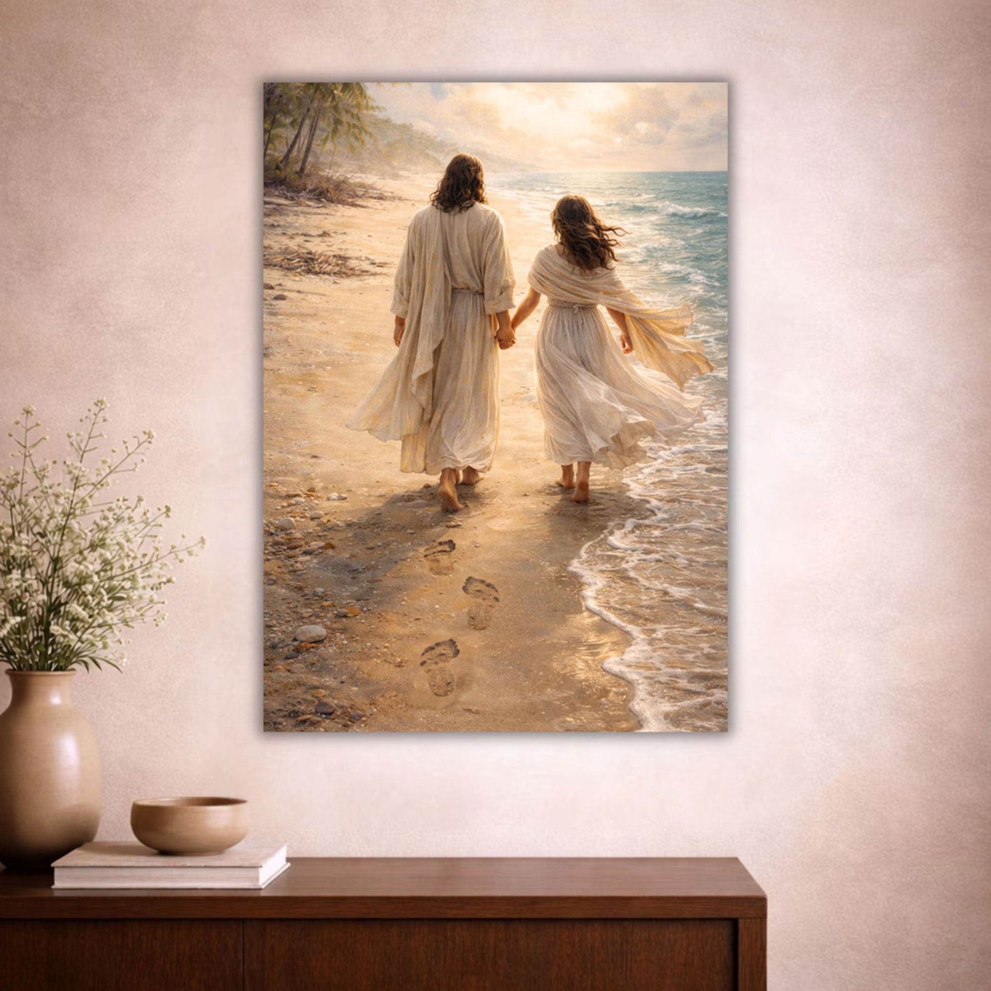 He Walks With Her Canvas Print, Jesus Christ Portrait, Faith Beach Scene Wall Art, Christian Decor Gift