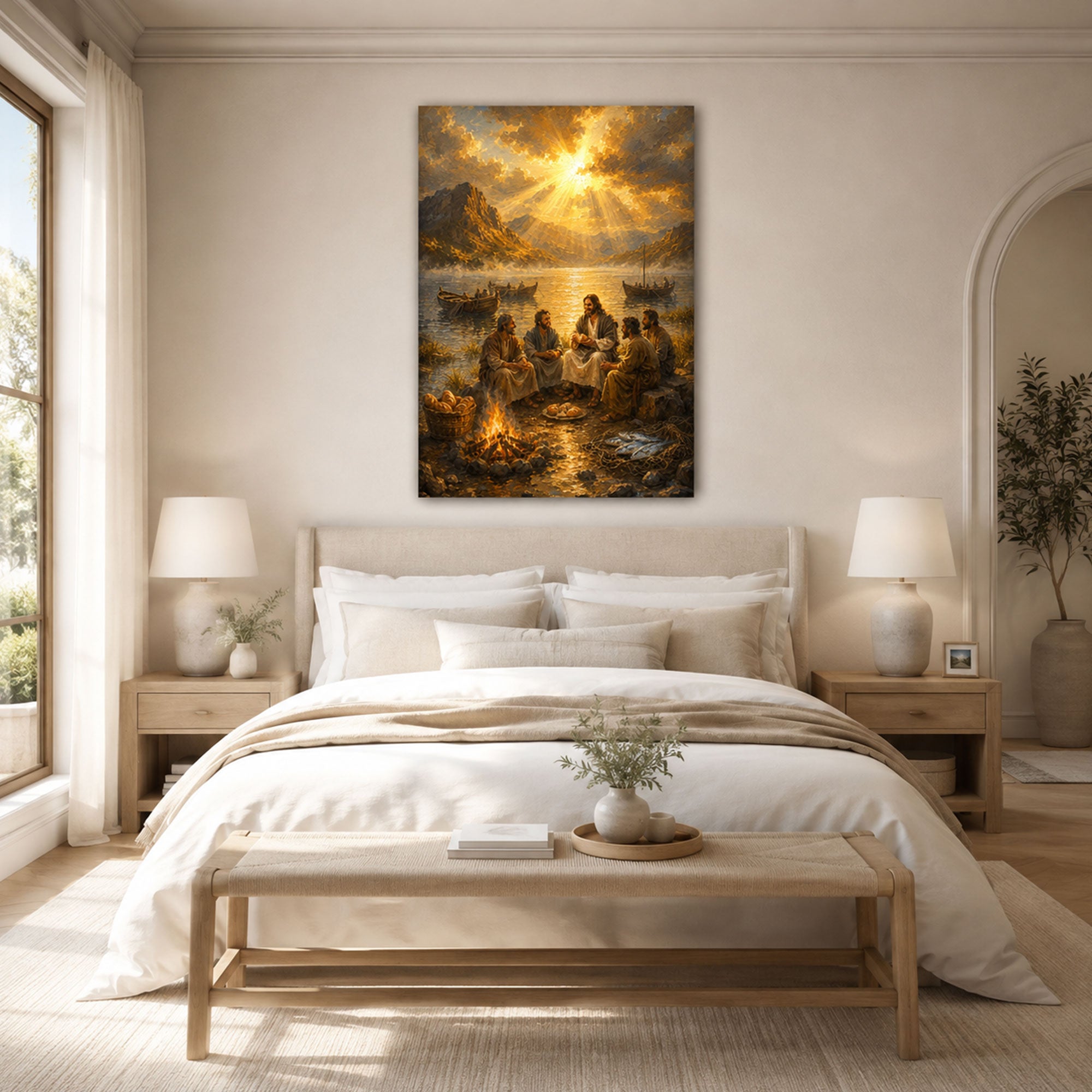 Jesus and Disciples by the Sea of Galilee Canvas Print, John 21 Christian Wall Decor, Faith Gift