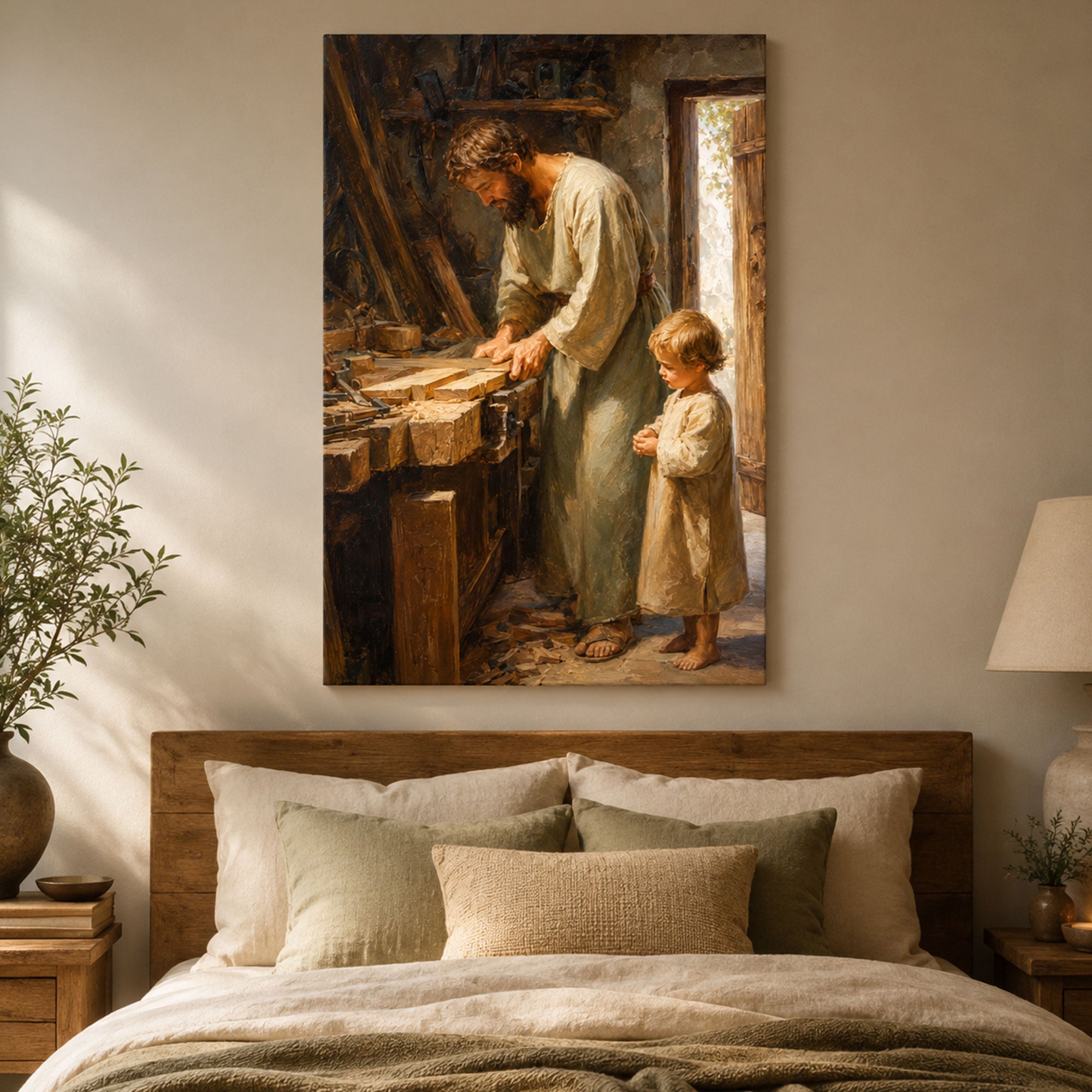 St. Joseph the Carpenter with Child Jesus Canvas Print, Catholic Wall Art, Rustic Faith Home Decor