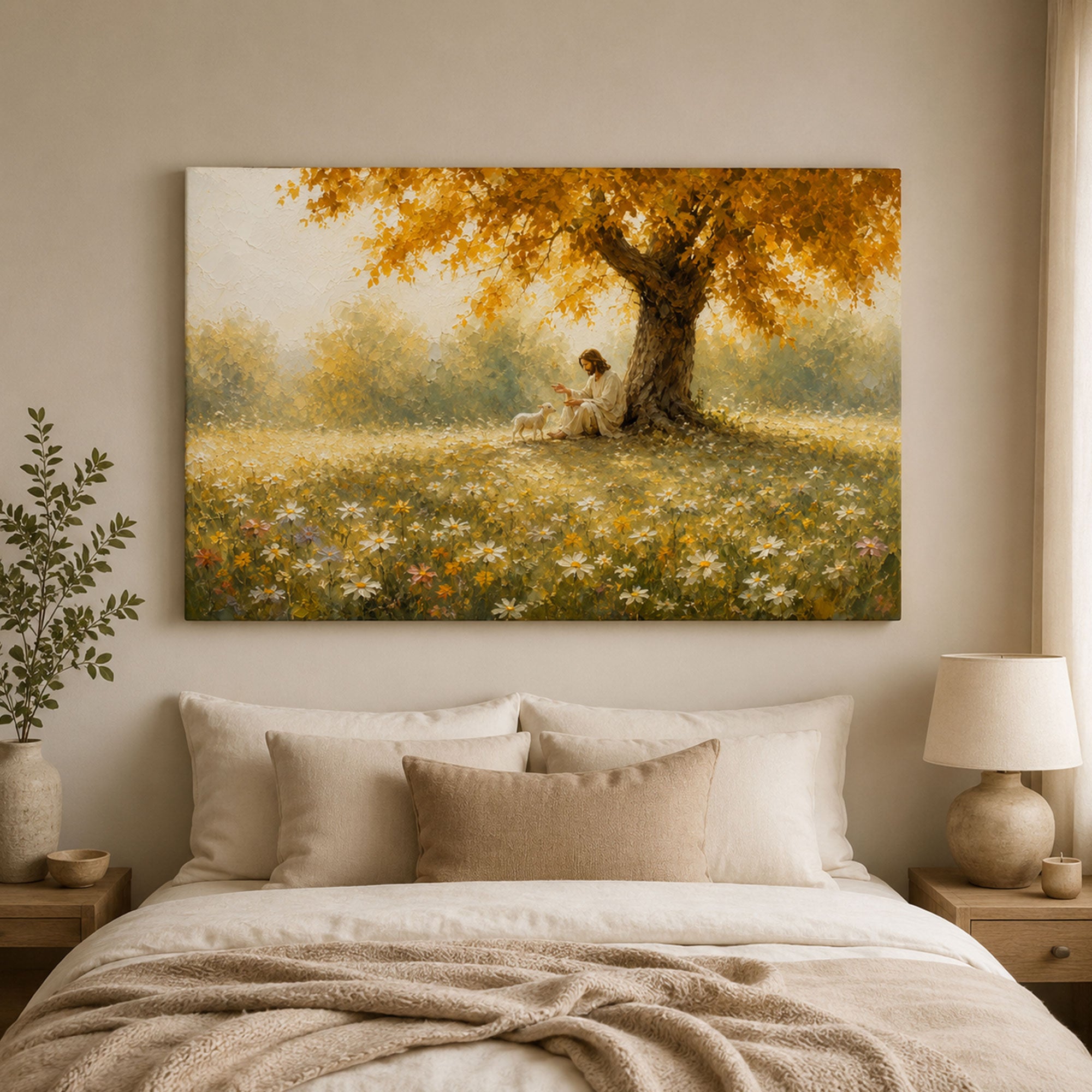 Good Shepherd Jesus with Lamb Canvas Print, Peaceful Christian Wall Art, Meadow Faith Home Decor