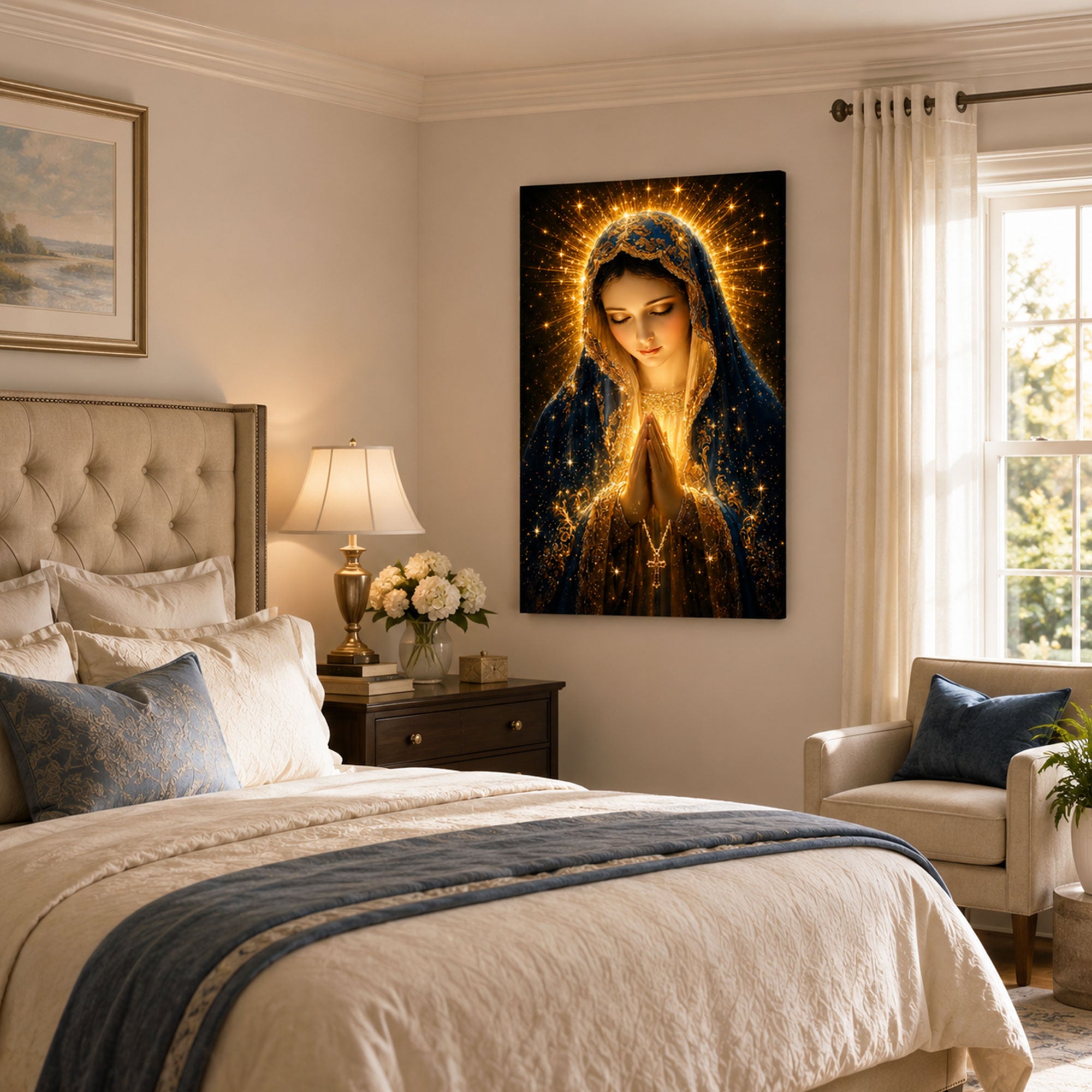 Blessed Virgin Mary Praying Canvas Print, Blue and Gold Catholic Marian Wall Art, Faith Home Decor Gift