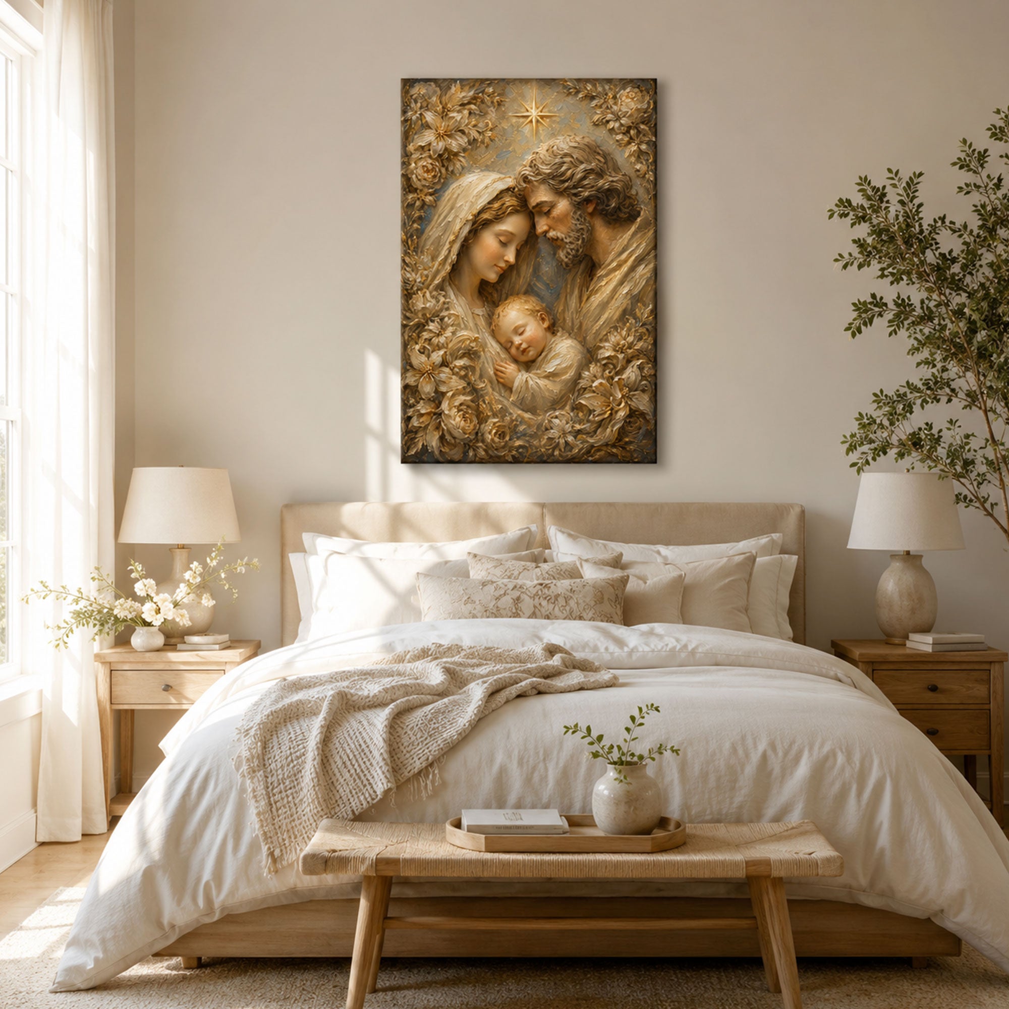 Holy Family Jesus Mary and Joseph Canvas Print, Golden Floral Catholic Wall Decor, Family Faith Gift