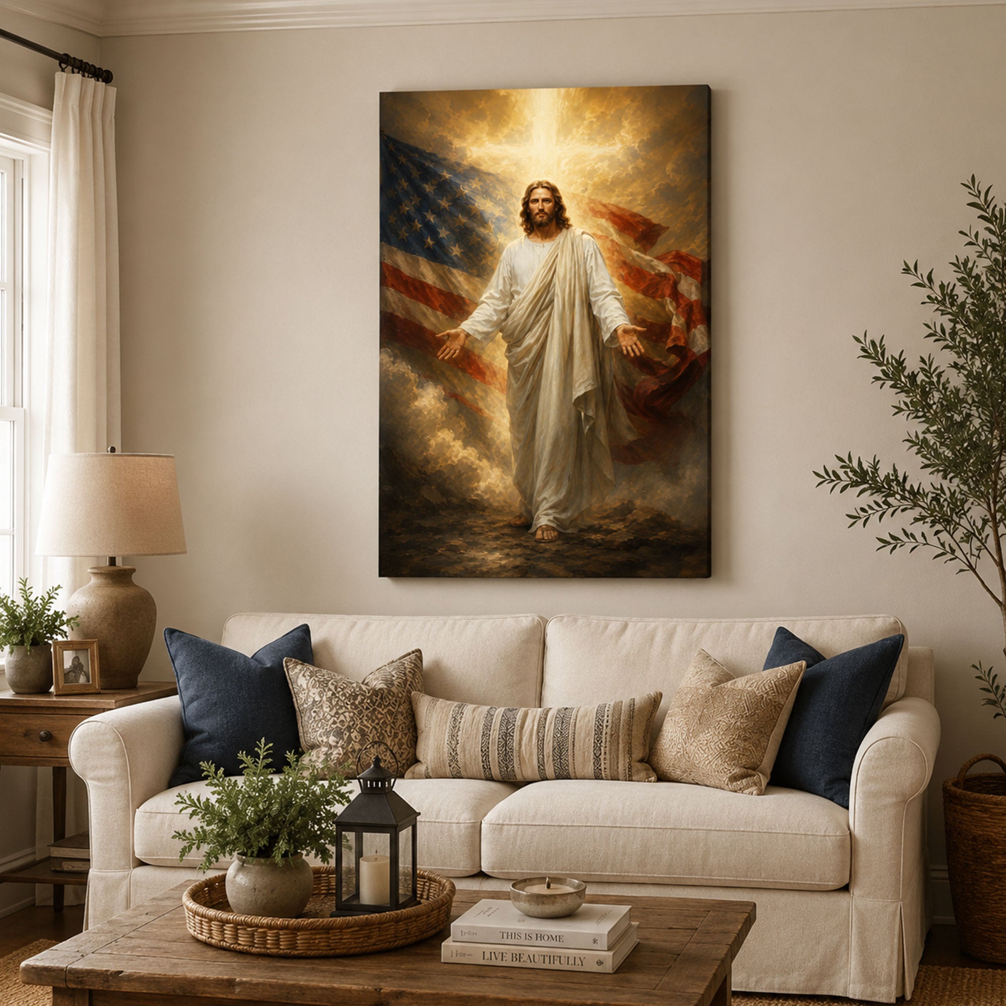 Jesus with American Flag Canvas Print, One Nation Under God Christian Wall Art, Faith Home Decor Gift