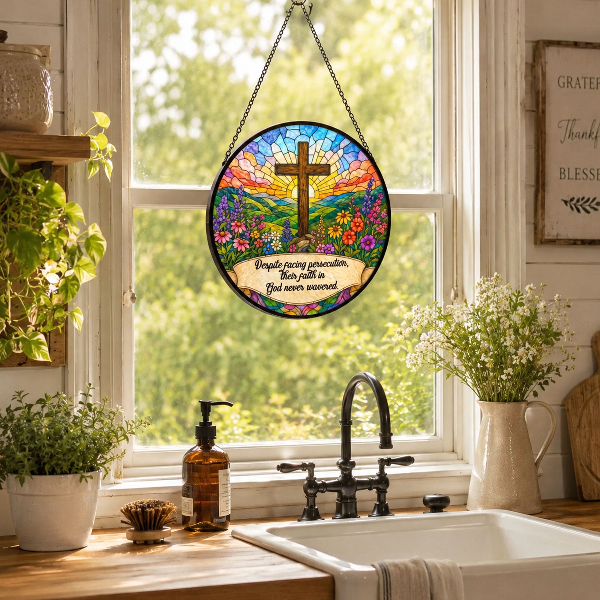 Unwavering Faith Christian Cross Suncatcher, Despite Persecution Inspirational Window Hanging, Religious Gift