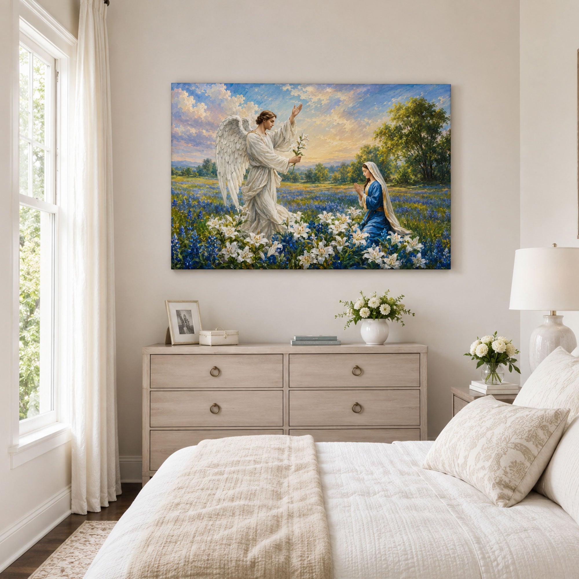 Annunciation of Mary Canvas Print, Archangel Gabriel and Virgin Mary Catholic Wall Art, Lily Field Faith Home Decor Gift