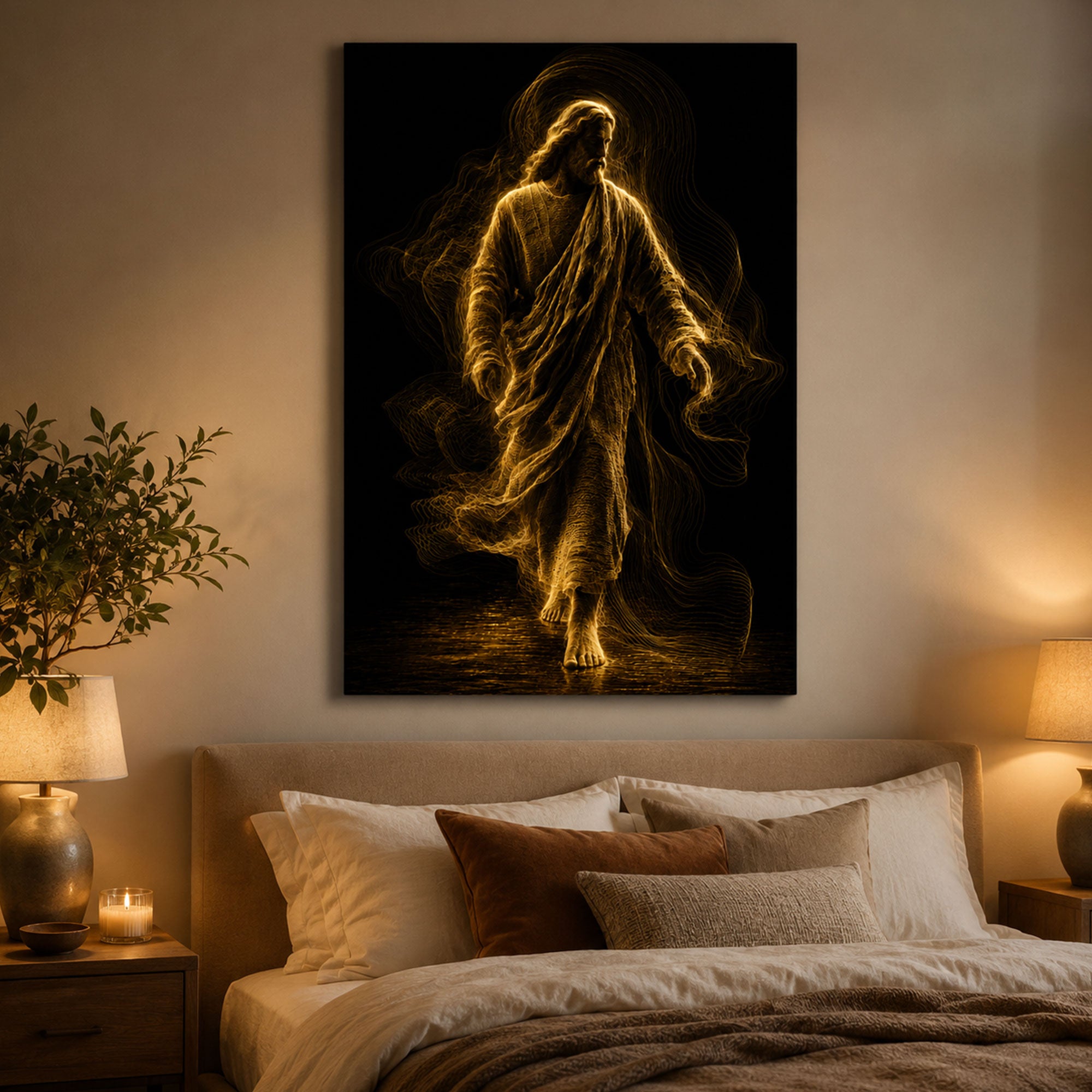 Jesus Walking in Golden Light Canvas Print, Modern Christian Wall Art, Faith Home Decor