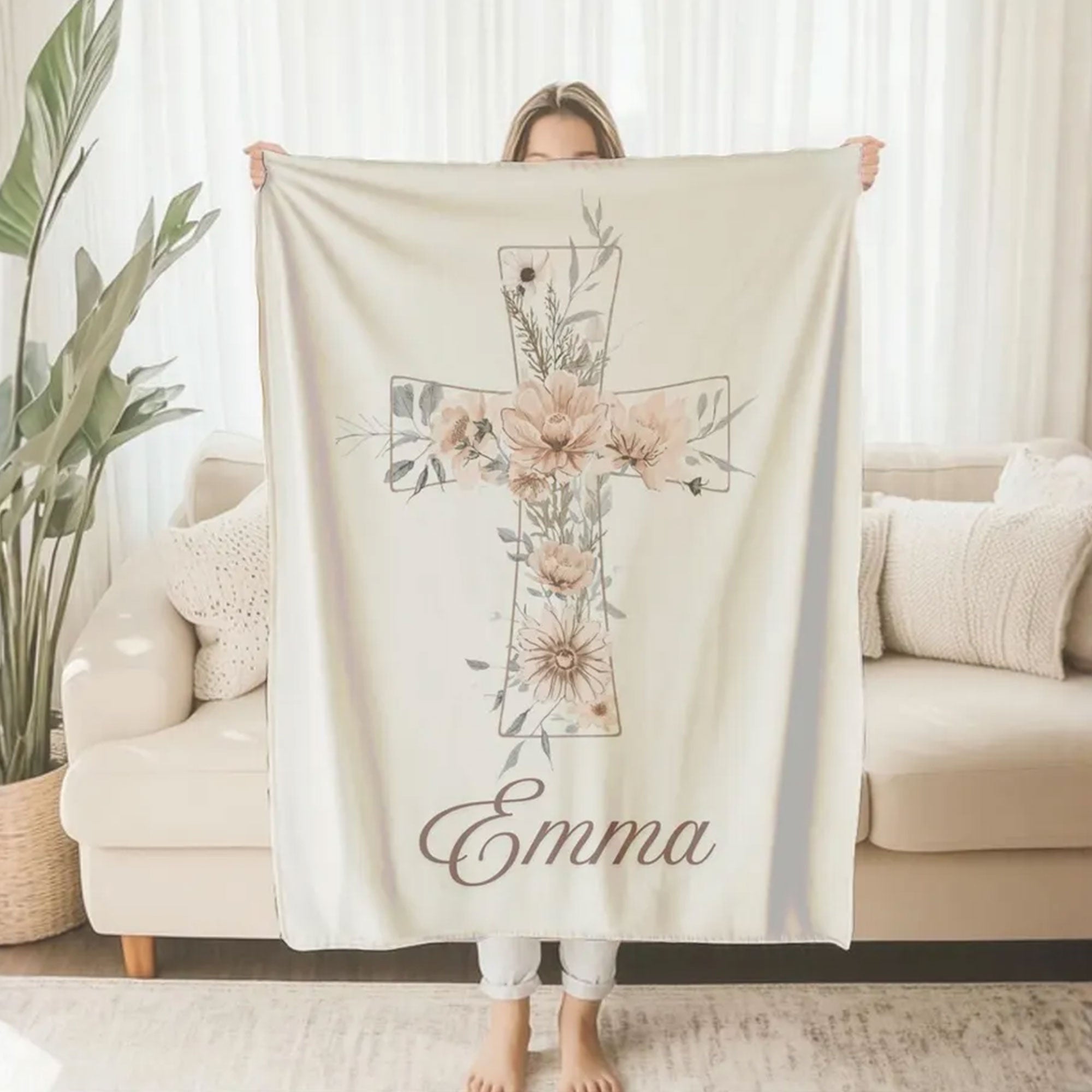 Personalized Floral Cross Fleece Blanket, Christian Baby Girl Throw, Baptism Keepsake, Faith Nursery Decor