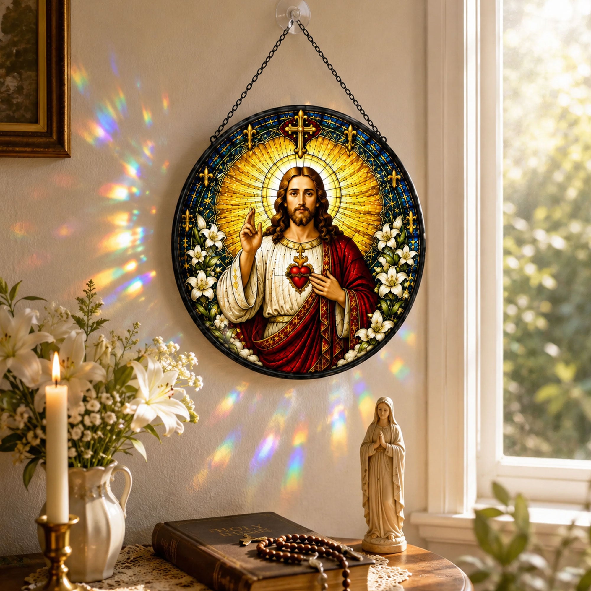 Sacred Heart of Jesus Suncatcher, Catholic Window Hanging, Christian Faith Gift