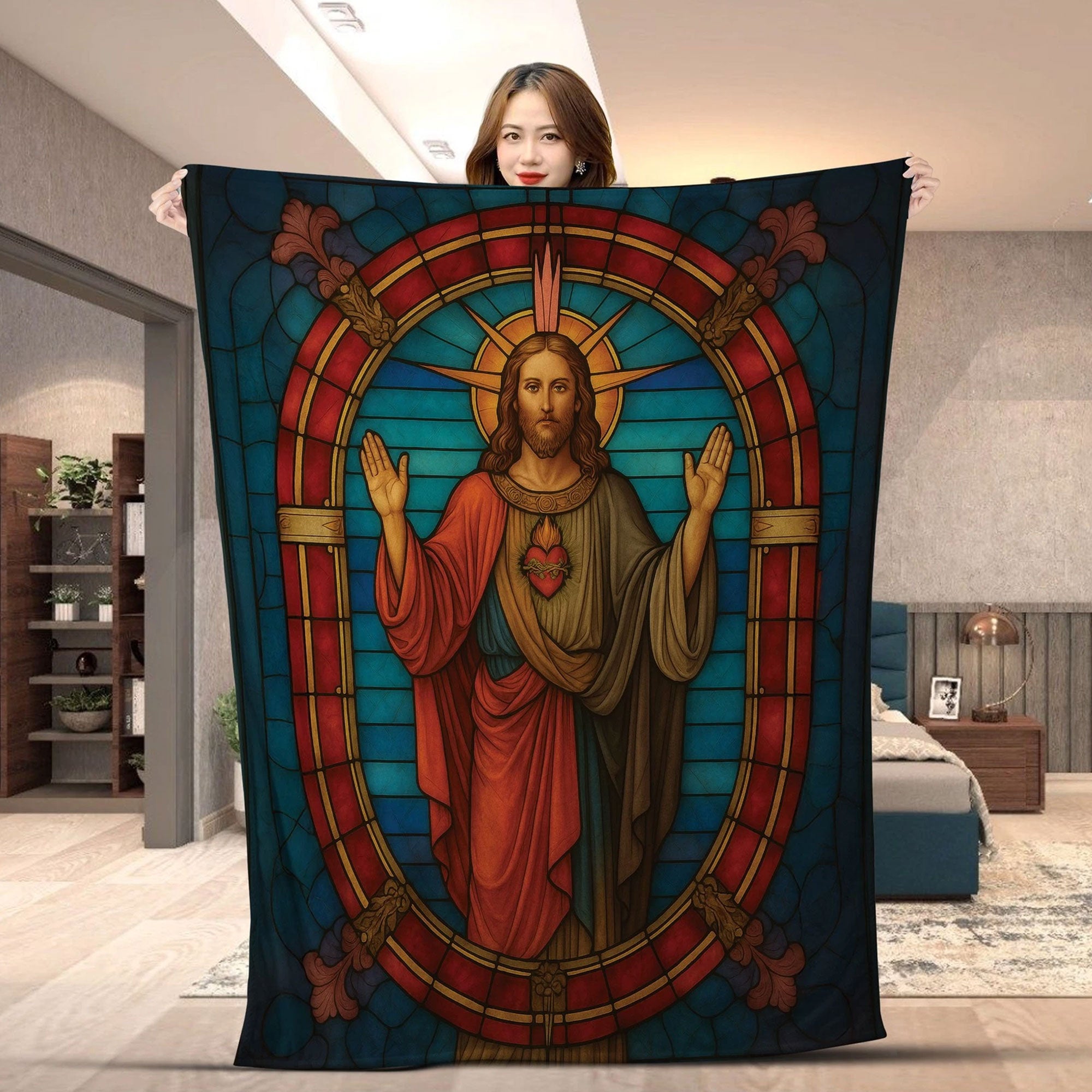 Sacred Heart Jesus Christ Fleece Blanket, Stained Glass Faith Throw, Christian Religious Gift, Inspirational Home Decor