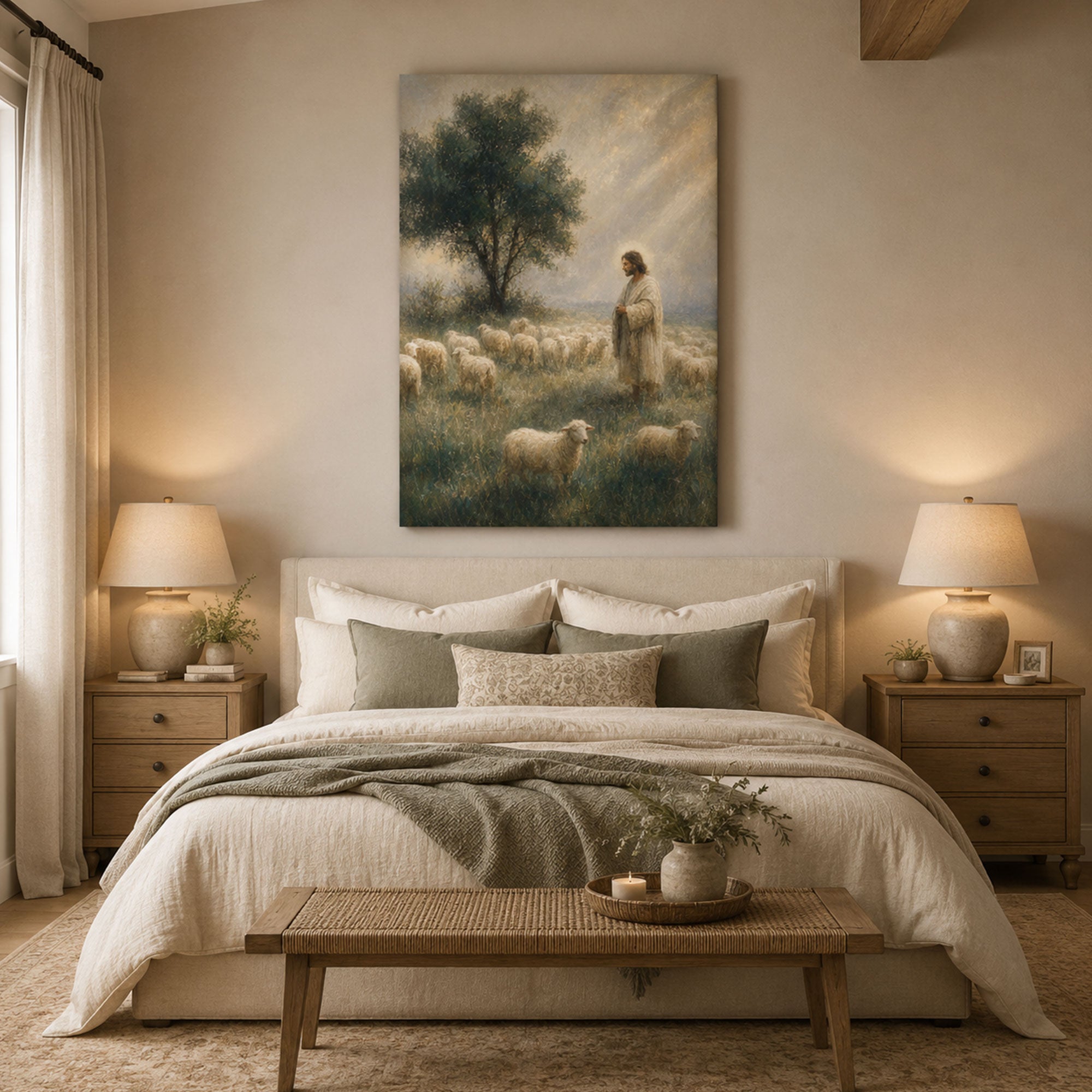 Good Shepherd Canvas Print, Jesus with Sheep Christian Wall Art, Faith Home Decor Gift