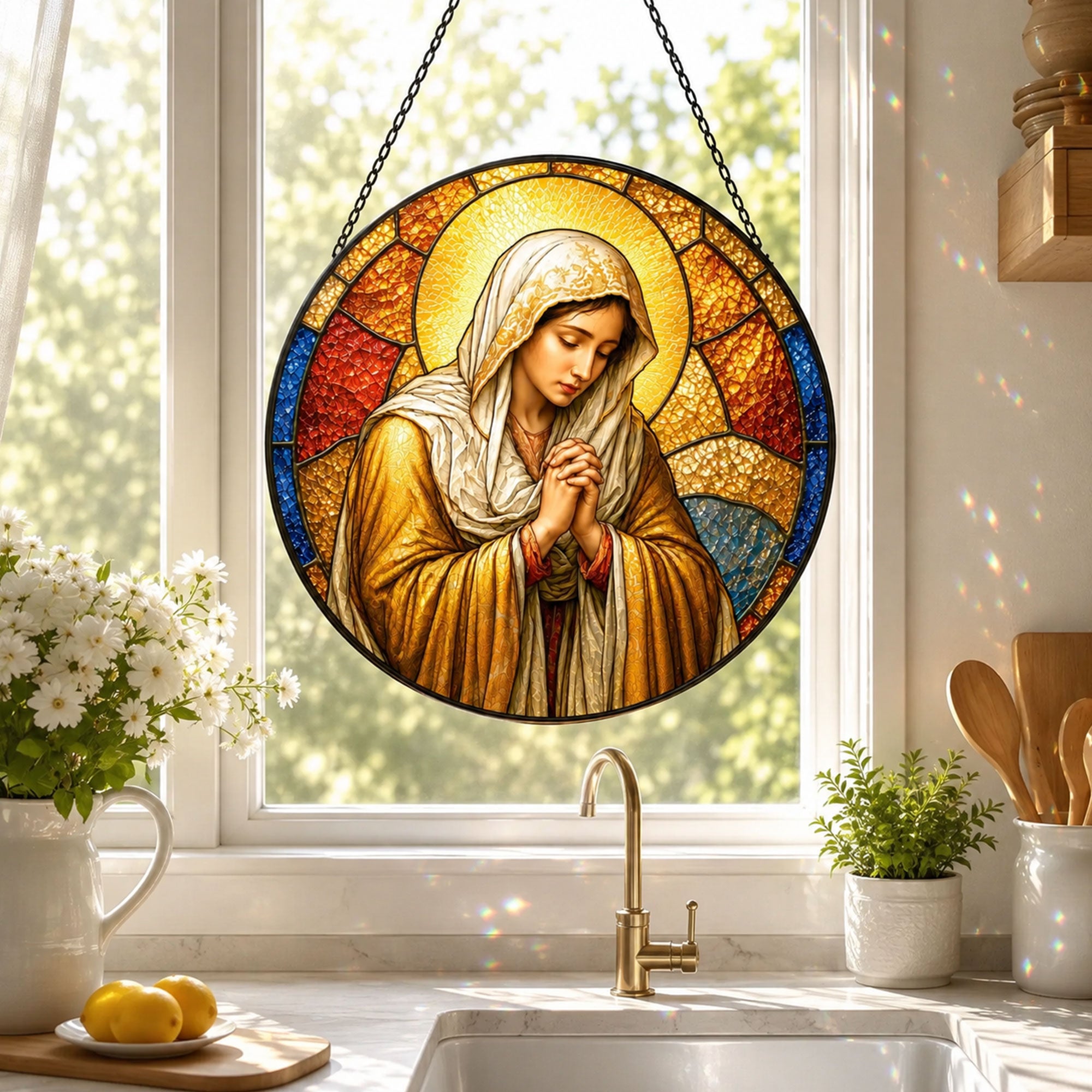 Virgin Mary Praying Suncatcher, Catholic Window Hanging, Christian Faith Gift for Women