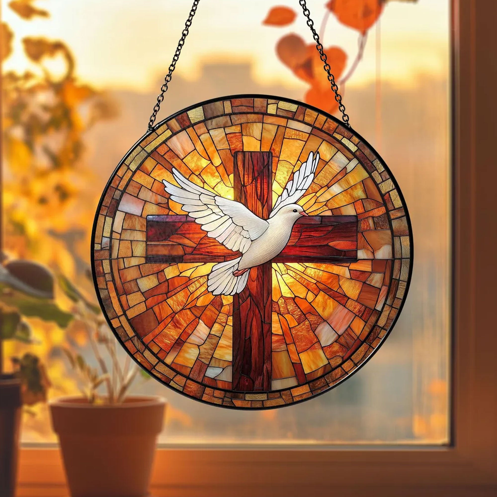 Holy Spirit Cross and Dove Stained Glass Suncatcher, Christian Window Hanging Decor, Religious Faith Gift