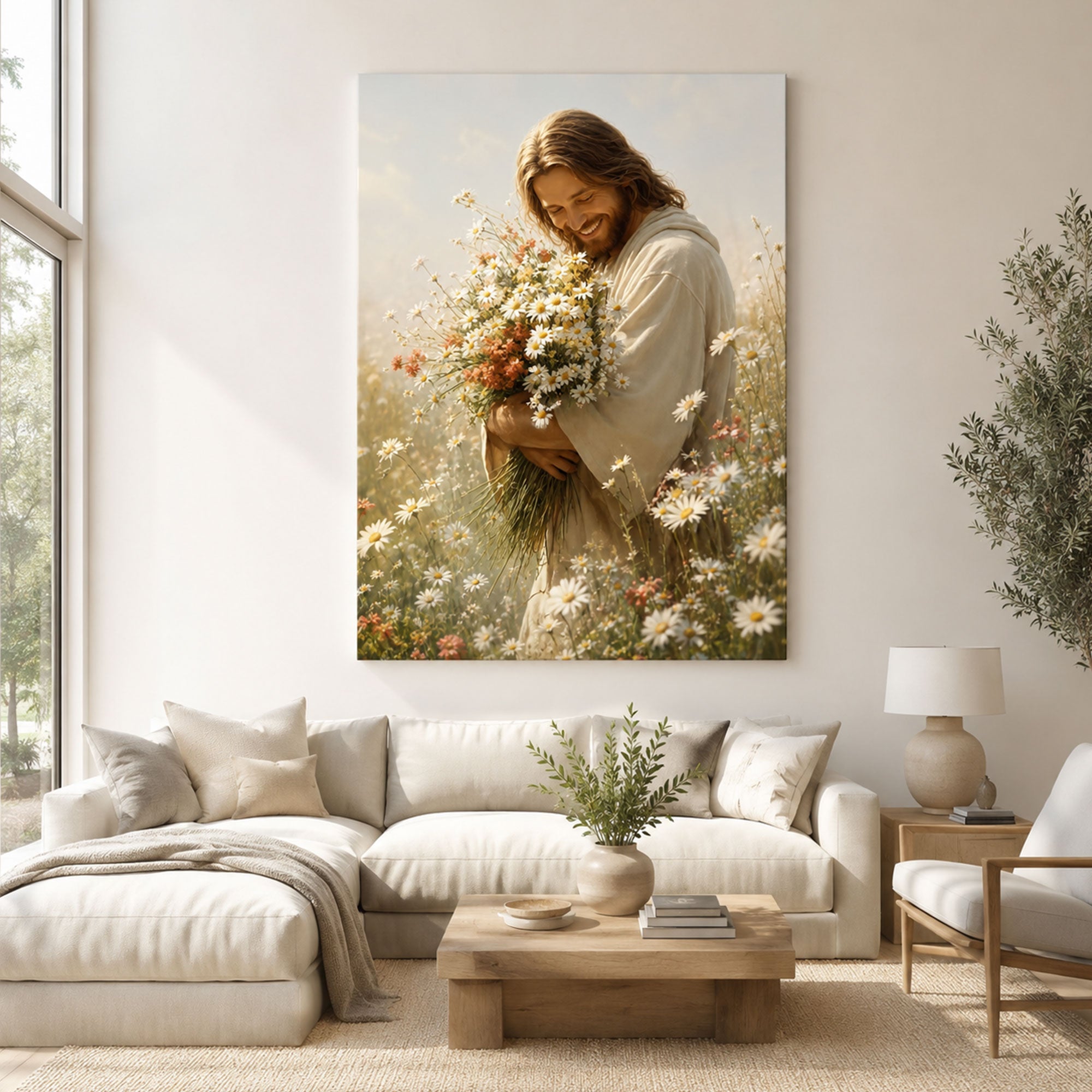 Jesus with Wildflowers Wall Art Printable, Modern Christian Digital Download, Religious Faith Decor
