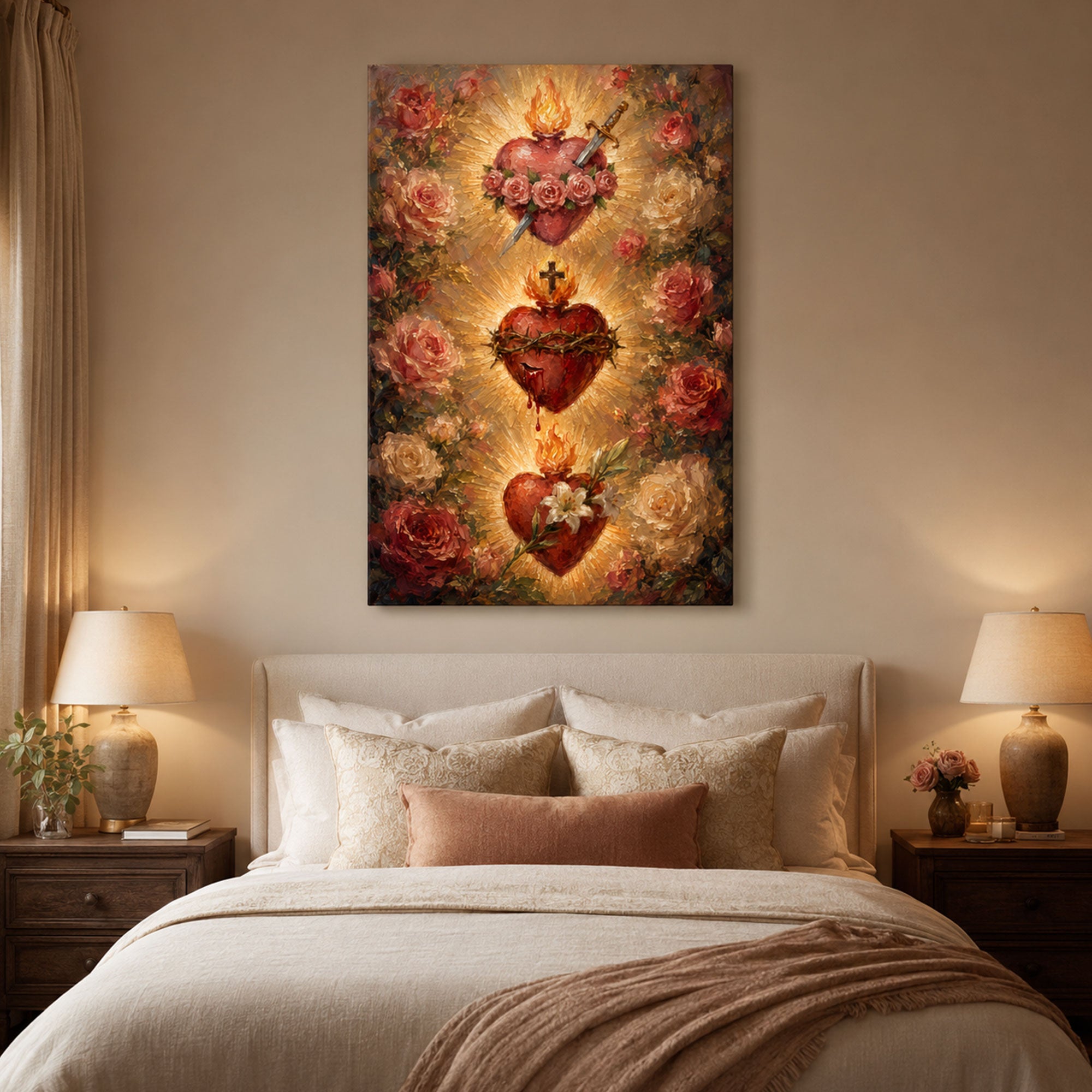 Three Sacred Hearts Canvas Print, Sacred Heart of Jesus Immaculate Heart of Mary and Saint Joseph Catholic Wall Art Religious Home Decor