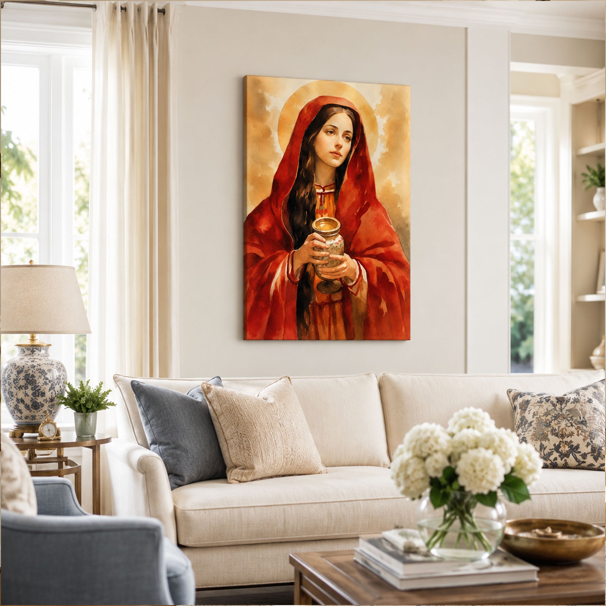 Mary Magdalene Anointing Oil Canvas Print, Crimson Watercolor Catholic Decor