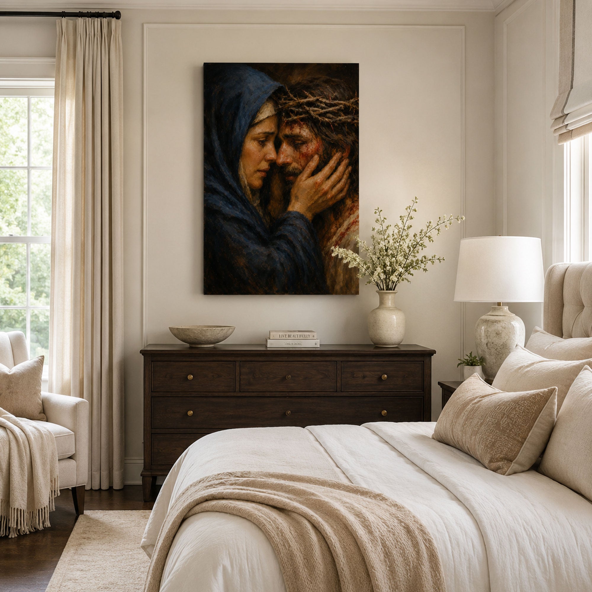 Sorrowful Mother and Jesus Canvas Print, Crown of Thorns Catholic Wall Art, Passion of Christ Home Decor Gift
