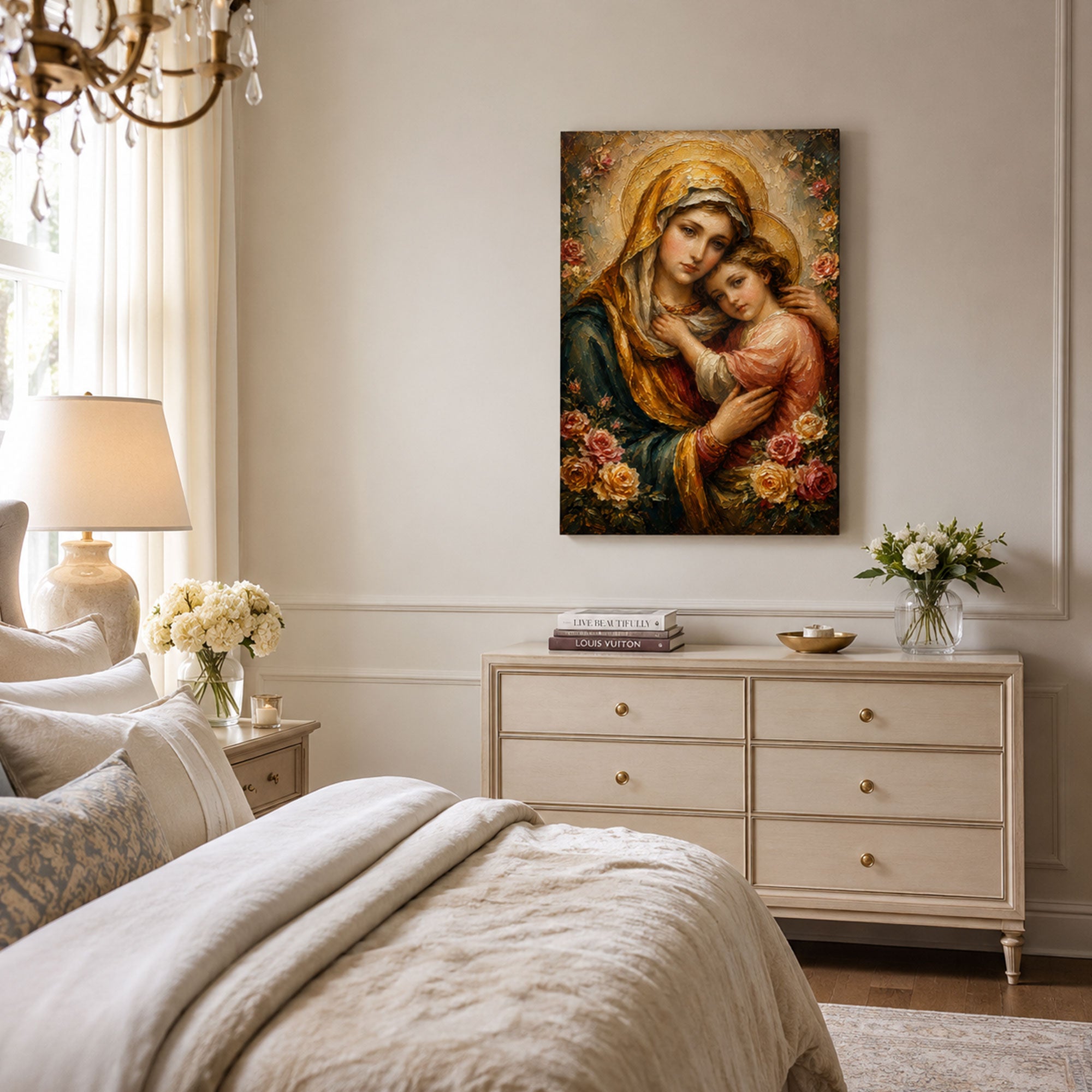 Saint Anne Embracing Young Mary Among Roses Canvas Print, Catholic Decor