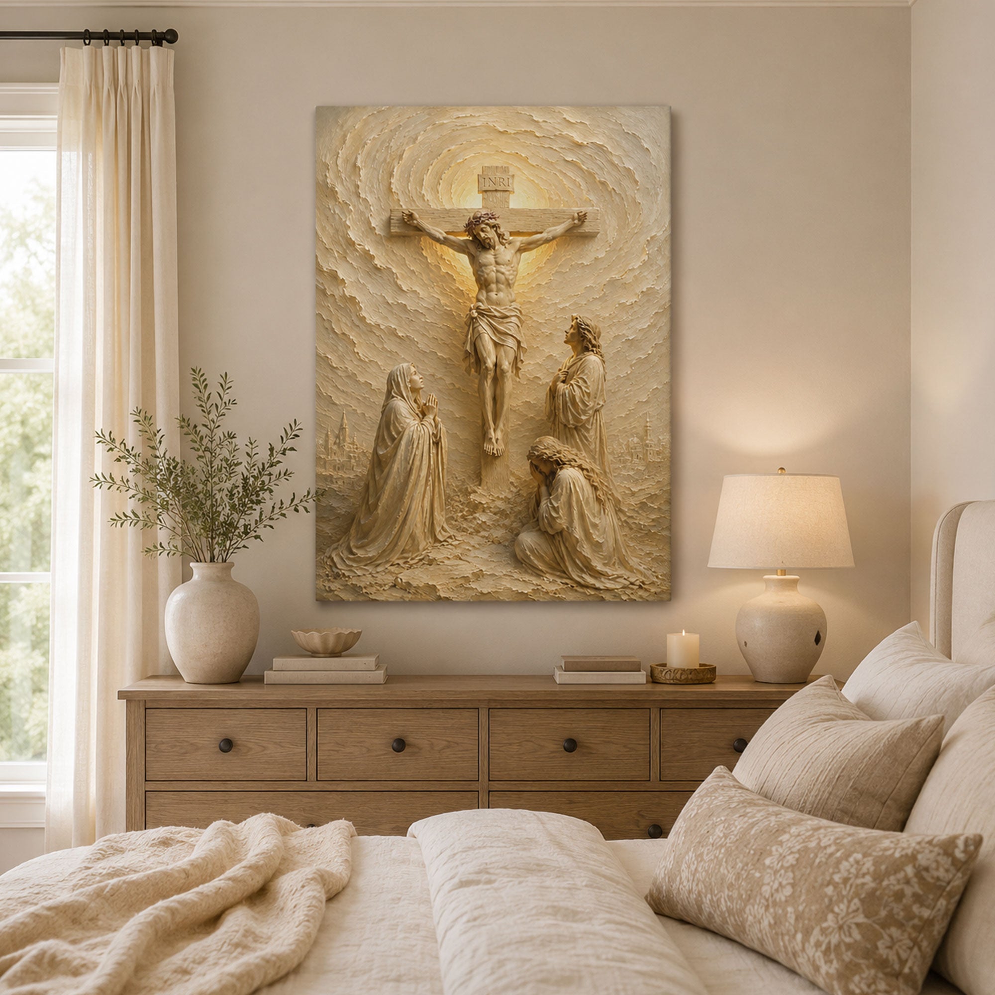 Crucifixion of Jesus Canvas Print, White Gold Catholic Wall Art, Passion of Christ Home Decor Gift