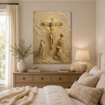 Crucifixion of Jesus Canvas Print, White Gold Catholic Wall Art, Passion of Christ Home Decor Gift