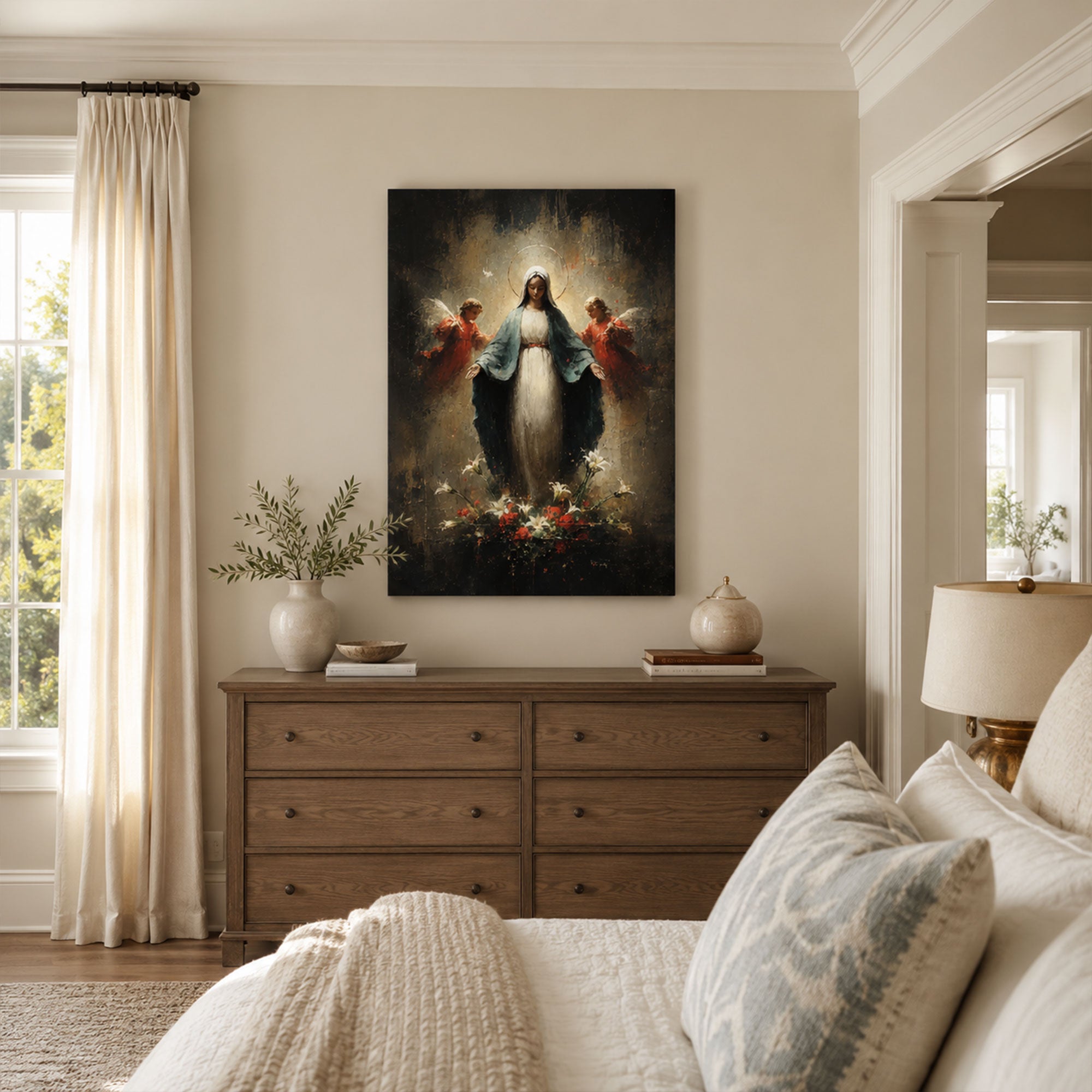 Virgin Mary with Angels Canvas Print, Catholic Home Decor