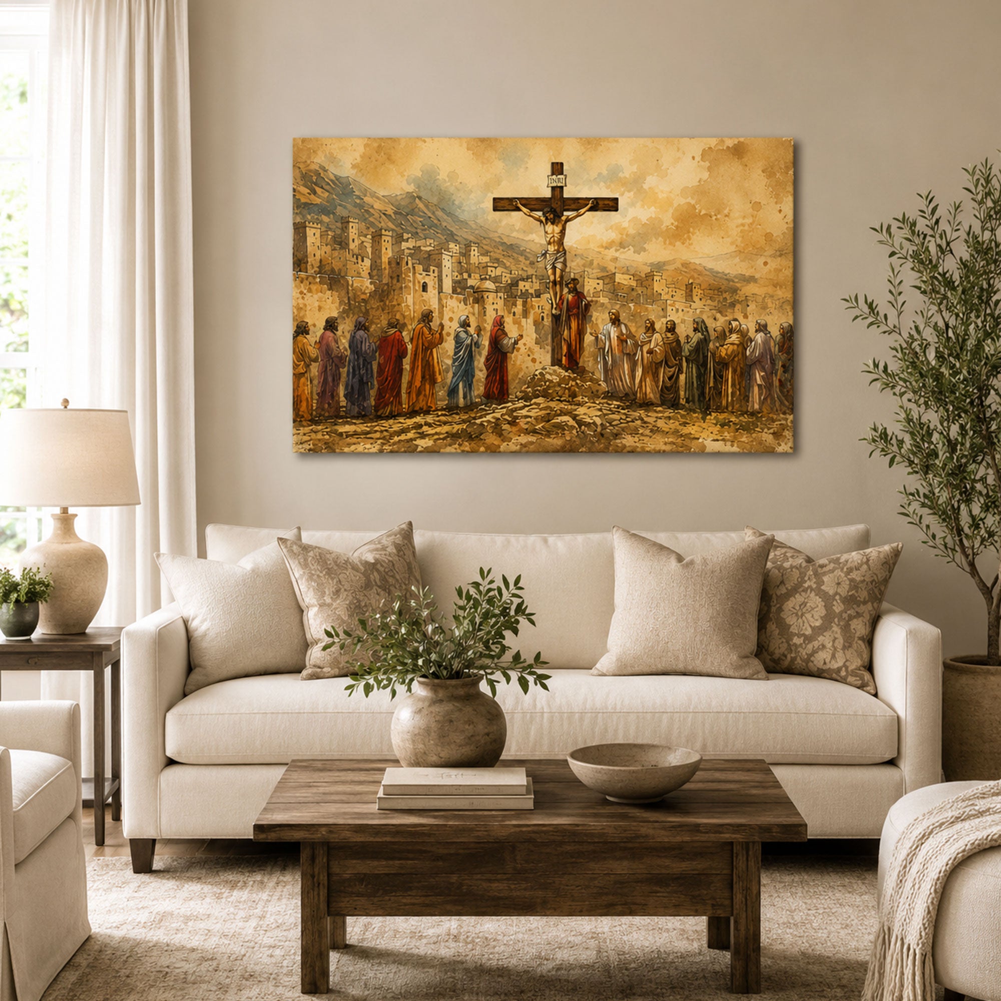 Crucifixion of Jesus Canvas Print, Calvary Scene Catholic Wall Art, Passion of Christ Christian Home Decor
