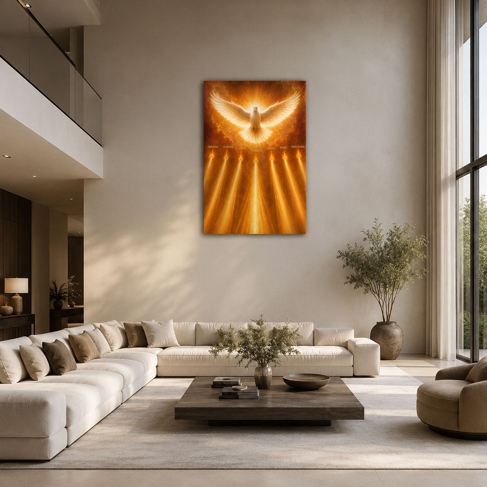 Holy Spirit Dove Canvas Print, Seven Gifts of the Spirit Christian Wall Art, Golden Light Religious Home Decor